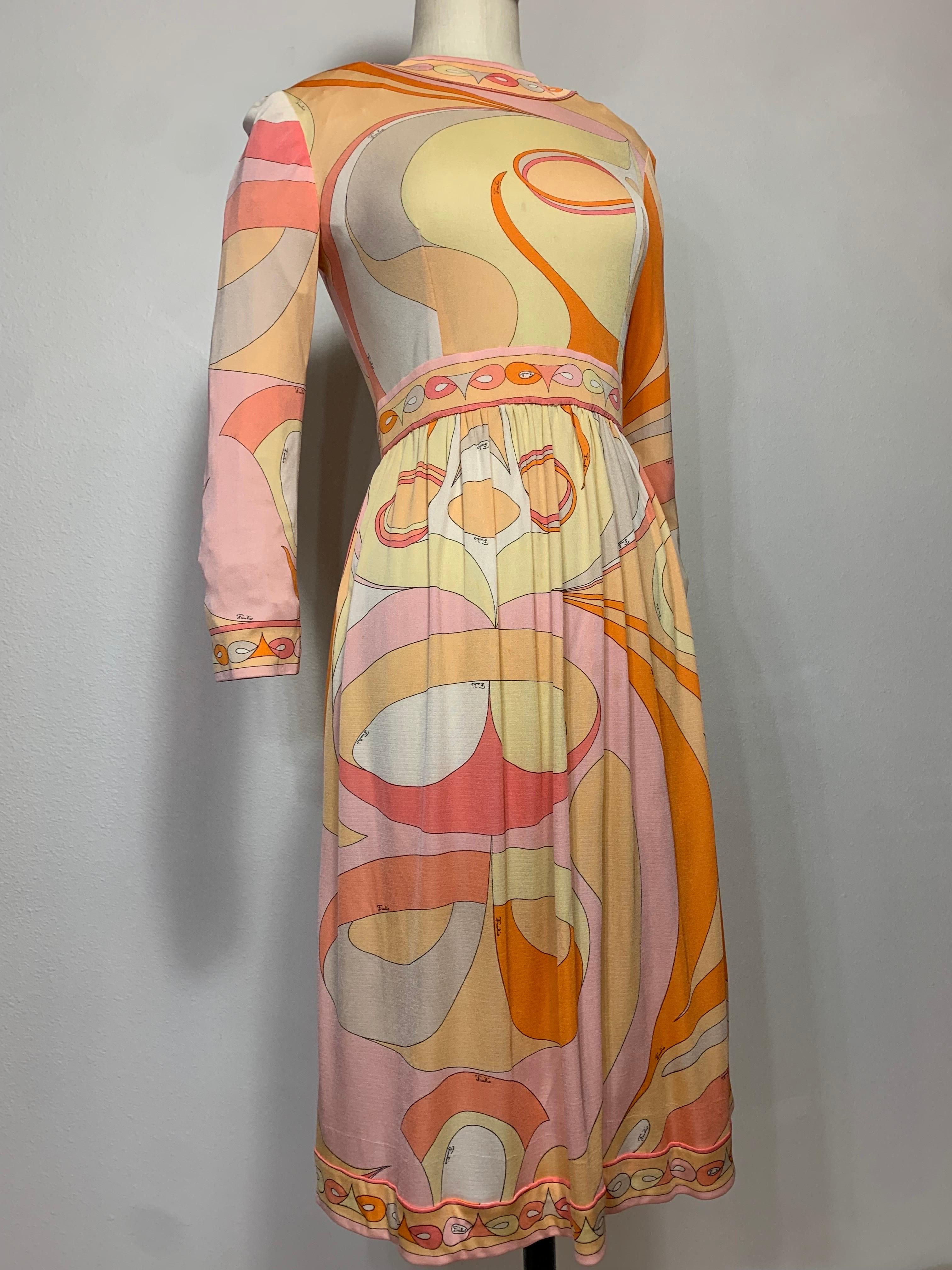1960s Emilio Pucci Psychedelic Print Mod Day Dress w Full Skirt in Tangerine  In Good Condition For Sale In Gresham, OR