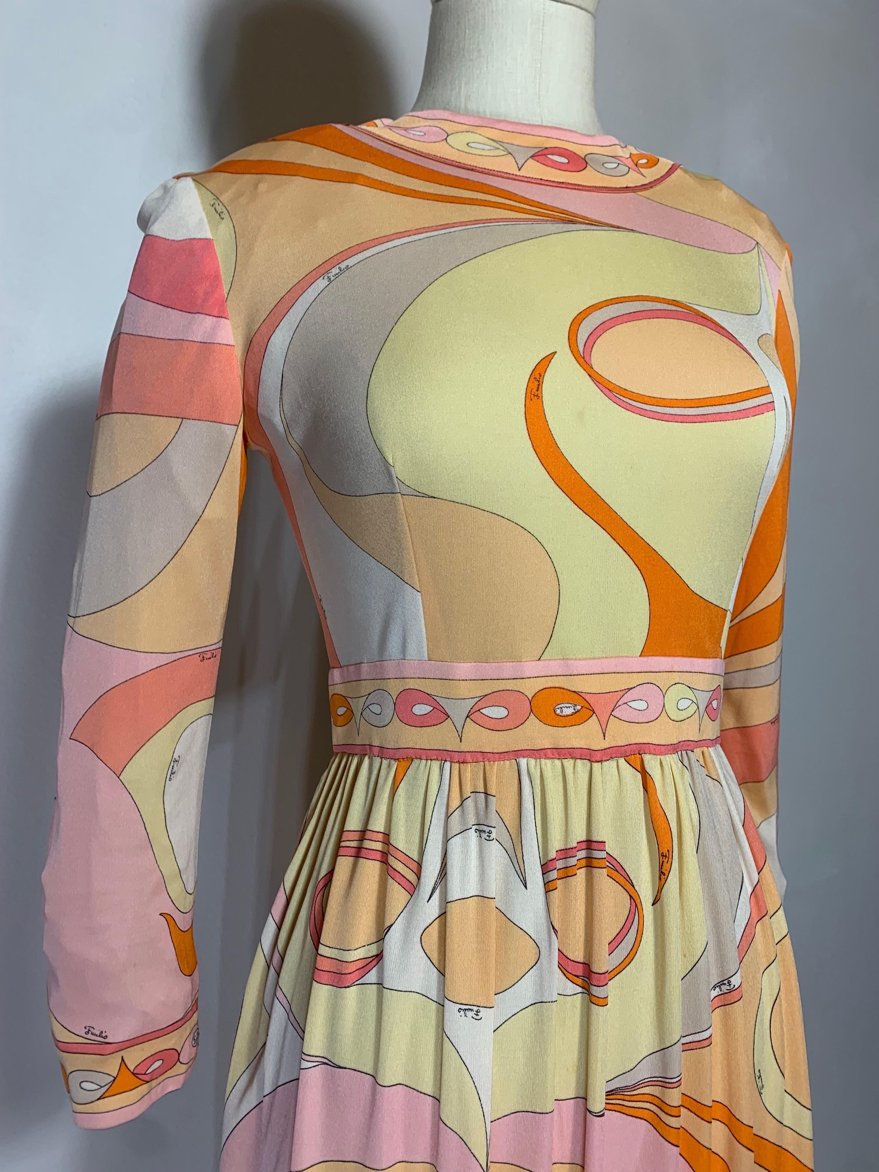 1960s Emilio Pucci Psychedelic Print Mod Day Dress w Full Skirt in Tangerine  For Sale 1