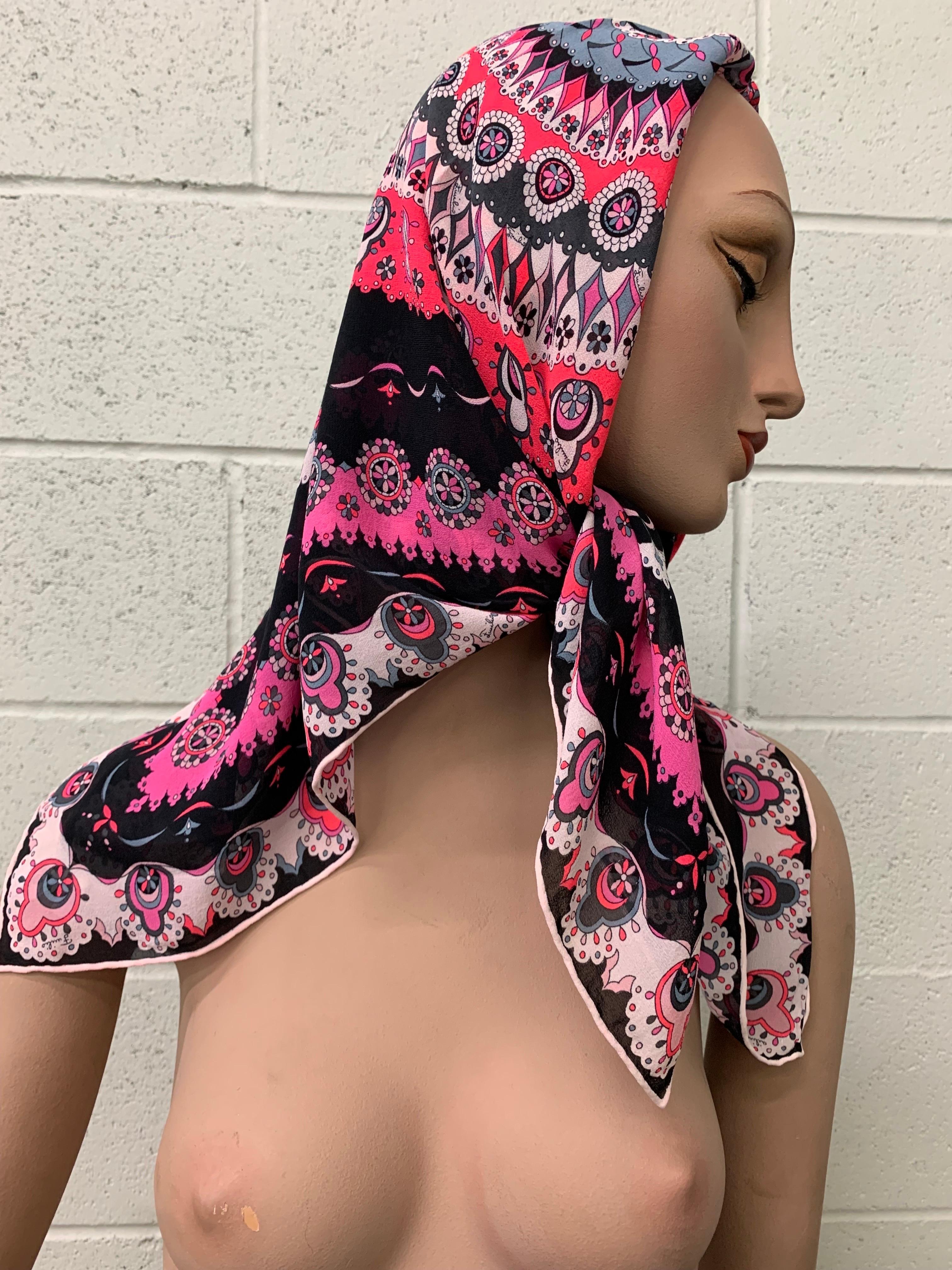 1960s Emilio Pucci Silk Chiffon Mod Medallion Print Large Square Head Scarf:  Mod floral pattern in pink, gray, black and white with a hand rolled edge!  34