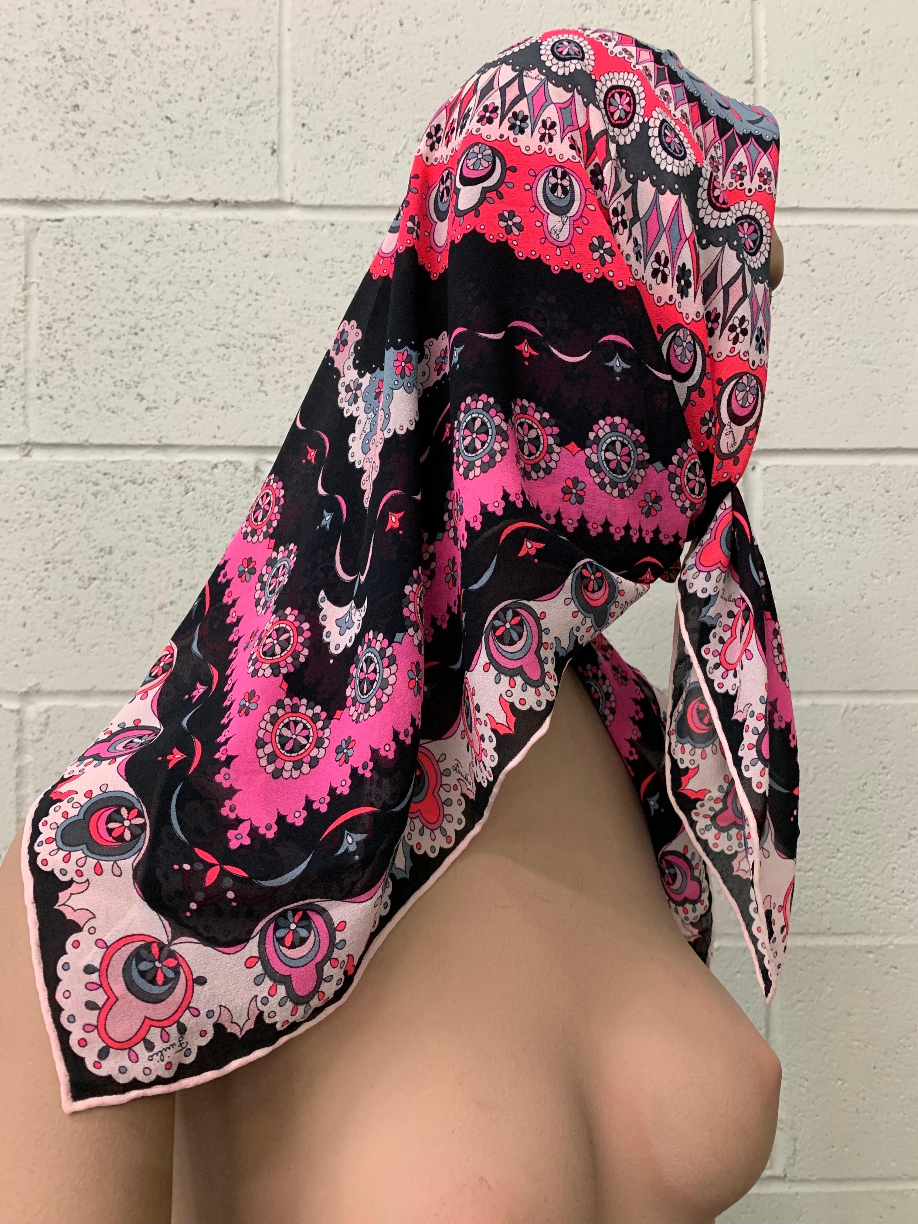 1960s Emilio Pucci Silk Chiffon Mod Medallion Print Large Square Head Scarf In Excellent Condition For Sale In Gresham, OR