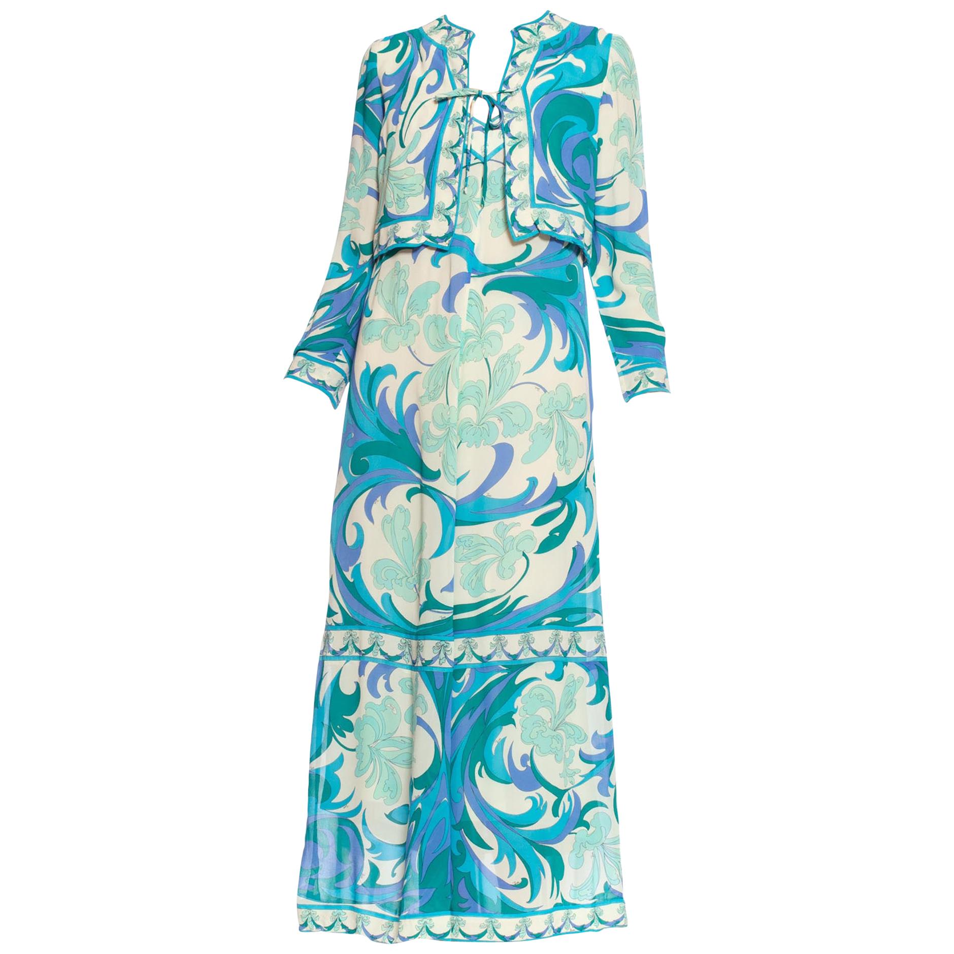 1960S EMILIO PUCCI Aqua  Blue Silk Chiffon Psychedelic Floral Print Dress