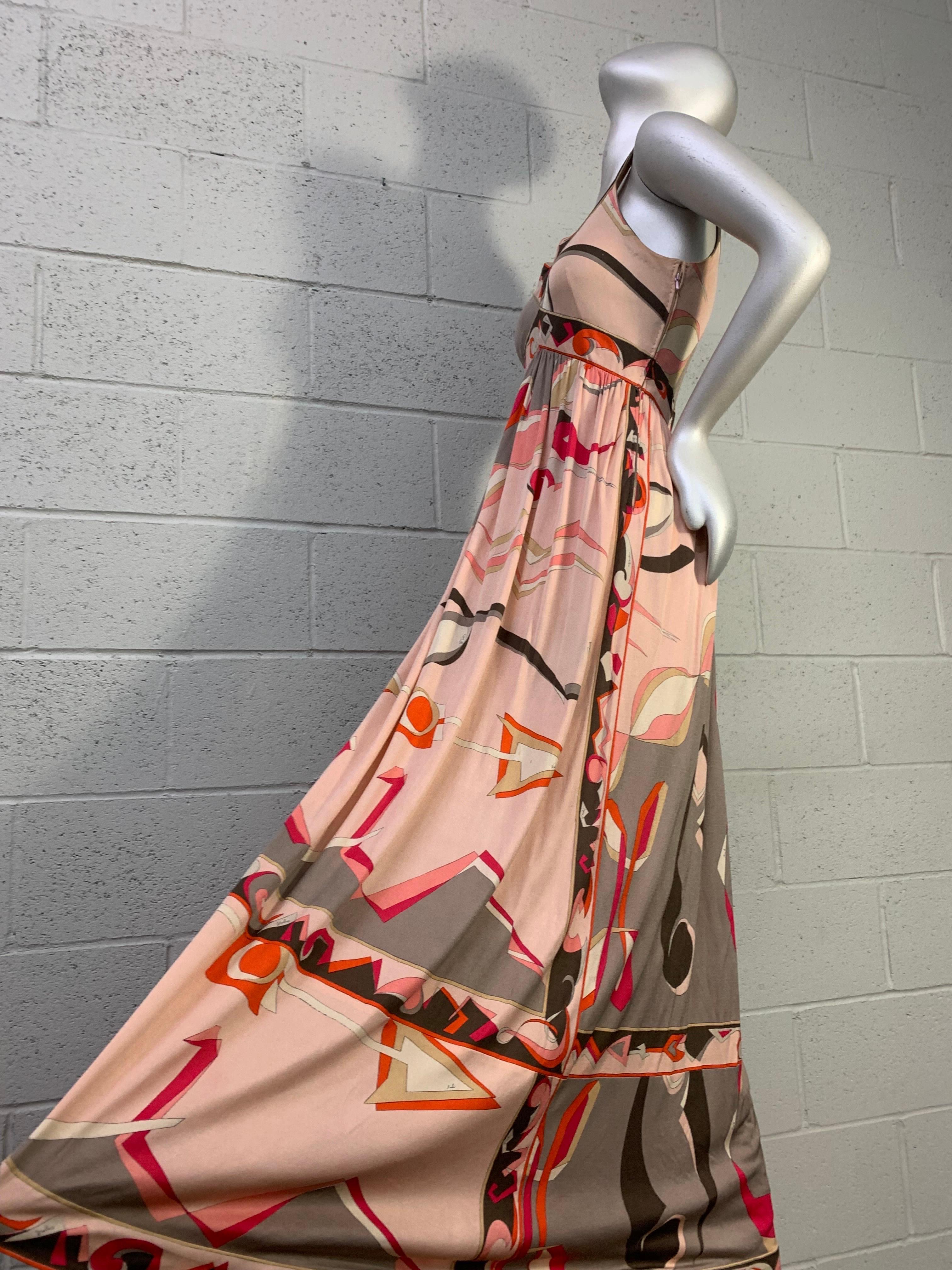 1960s Emilio Pucci Silk Jersey Maxi Dress Contoured Bodice in Peach Taupe Coral For Sale 5