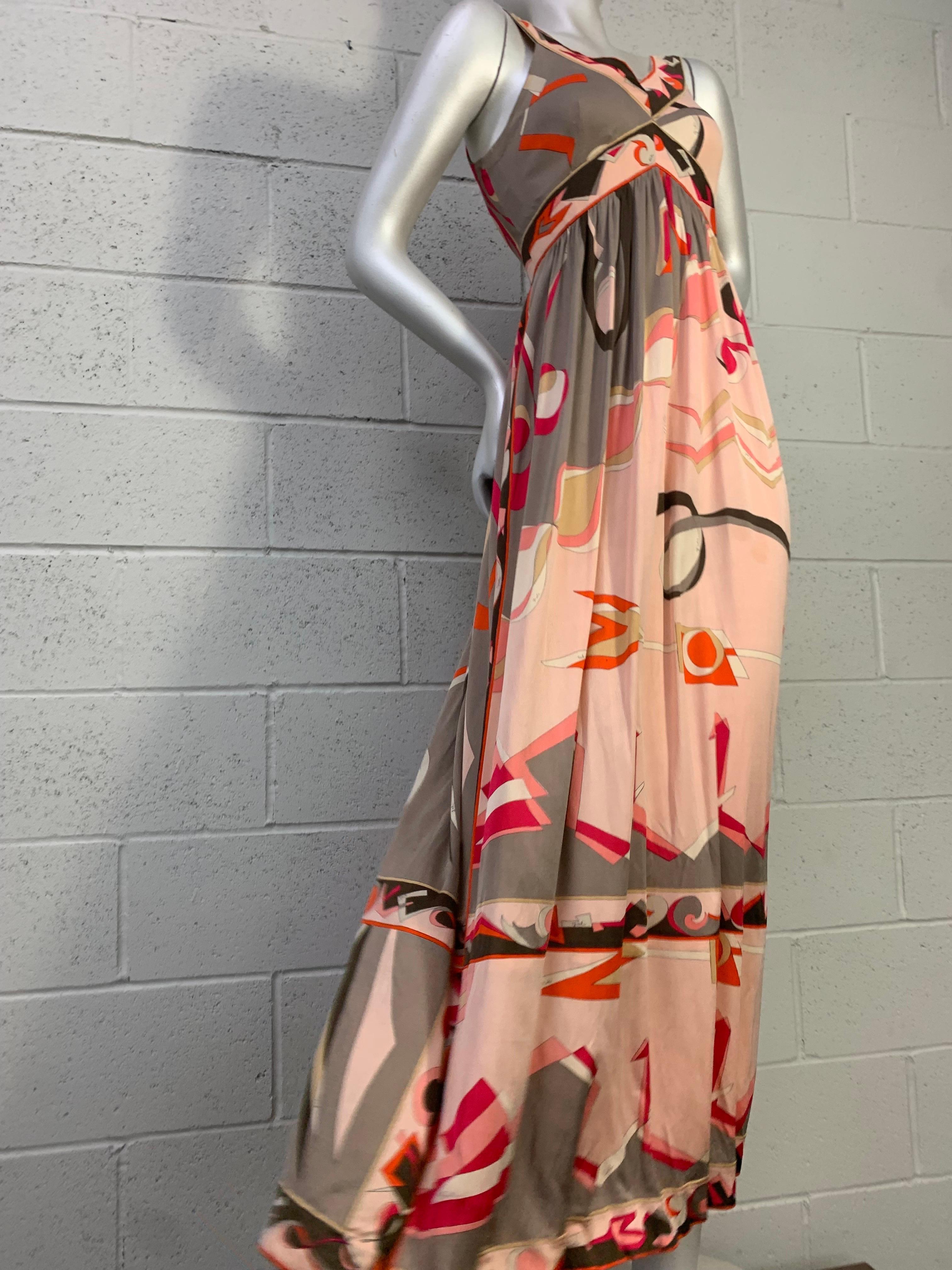 1960s Emilio Pucci Silk Jersey Maxi Dress Contoured Bodice in Peach Taupe Coral In Good Condition For Sale In Gresham, OR