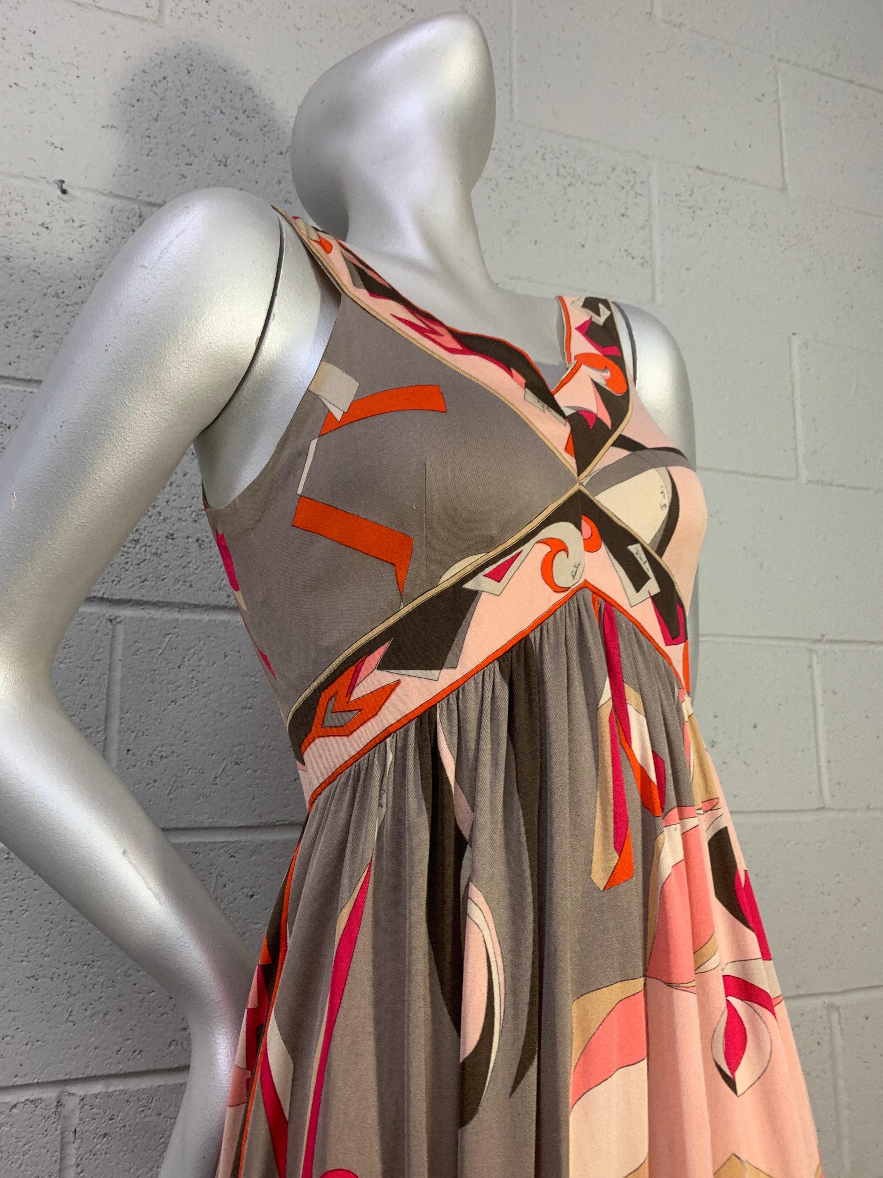 Women's 1960s Emilio Pucci Silk Jersey Maxi Dress Contoured Bodice in Peach Taupe Coral
