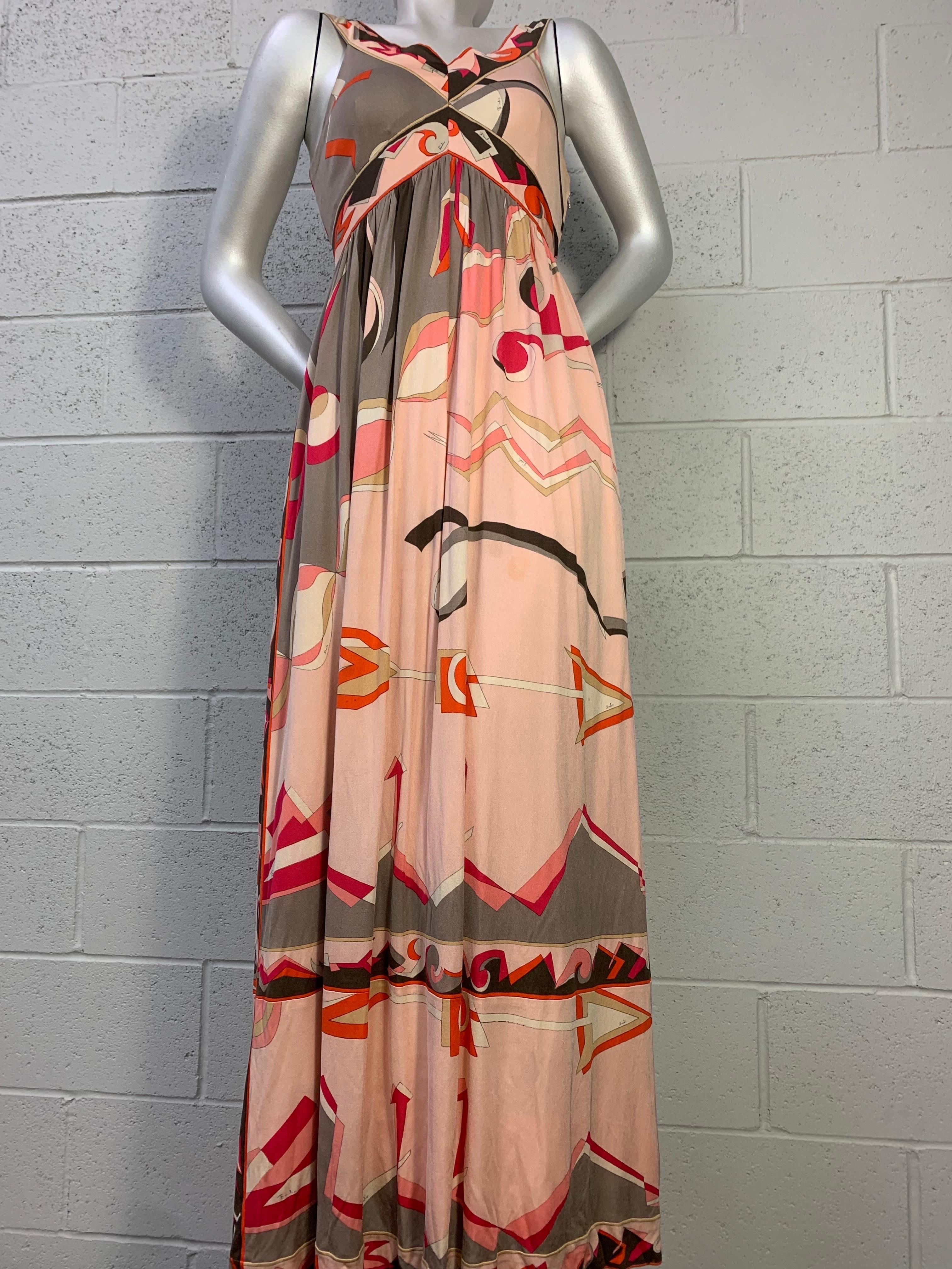 1960s Emilio Pucci Silk Jersey Maxi Dress Contoured Bodice in Peach Taupe Coral 1