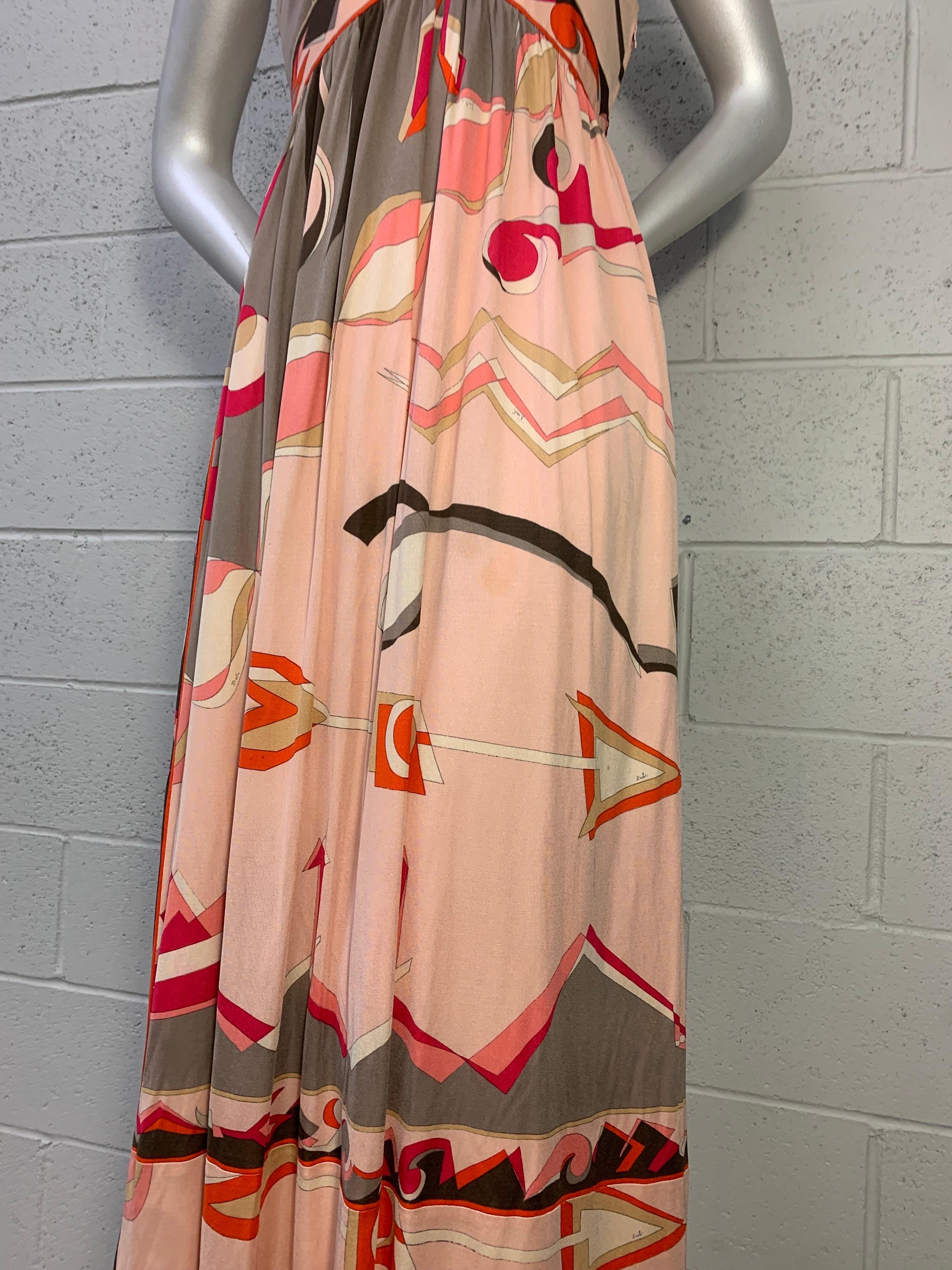1960s Emilio Pucci Silk Jersey Maxi Dress Contoured Bodice in Peach Taupe Coral For Sale 2