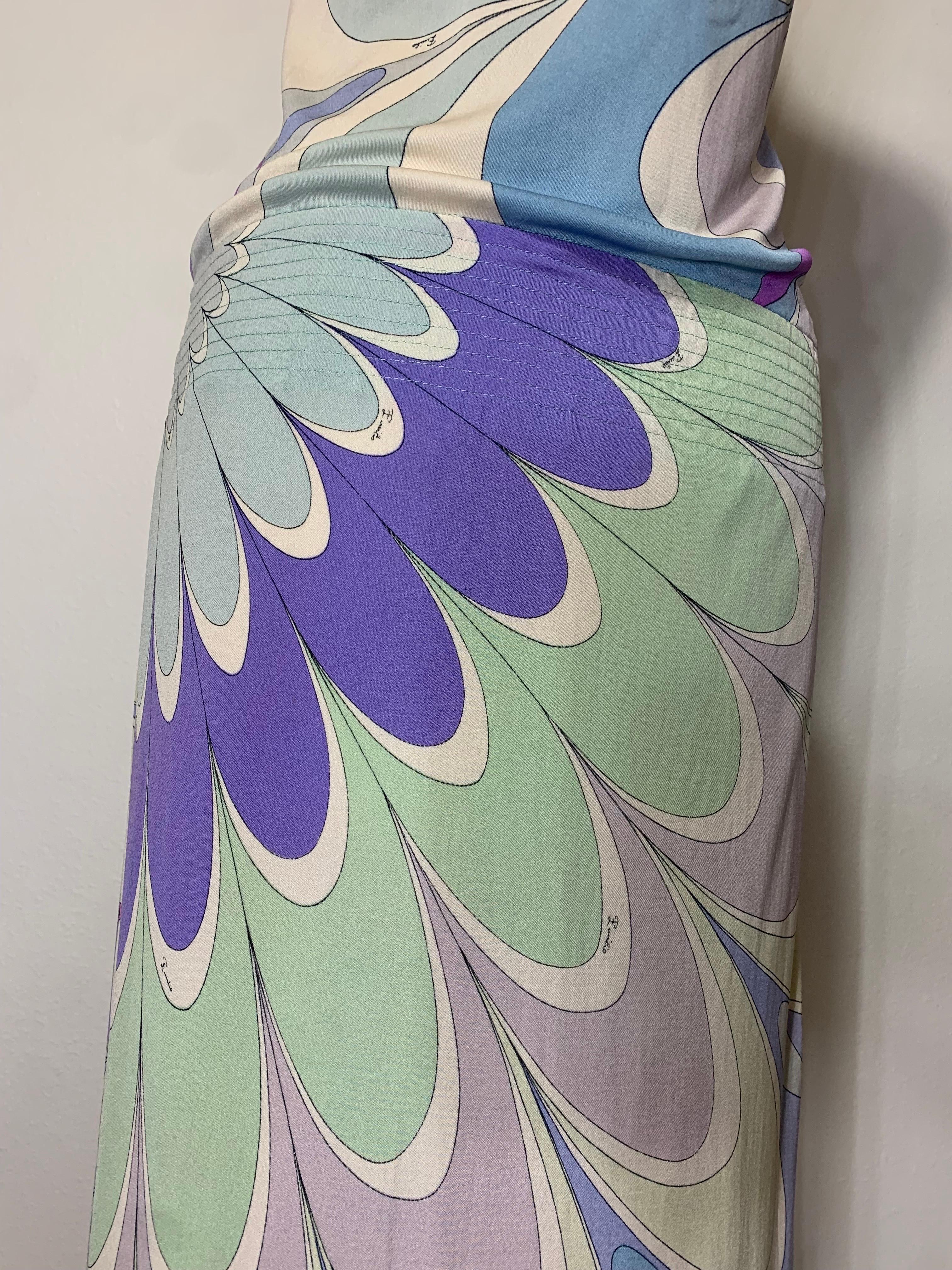 1960s Emilio Pucci Silk Jersey Pastel Print Maxi Dress w Fitted Hip & Blouson  For Sale 11