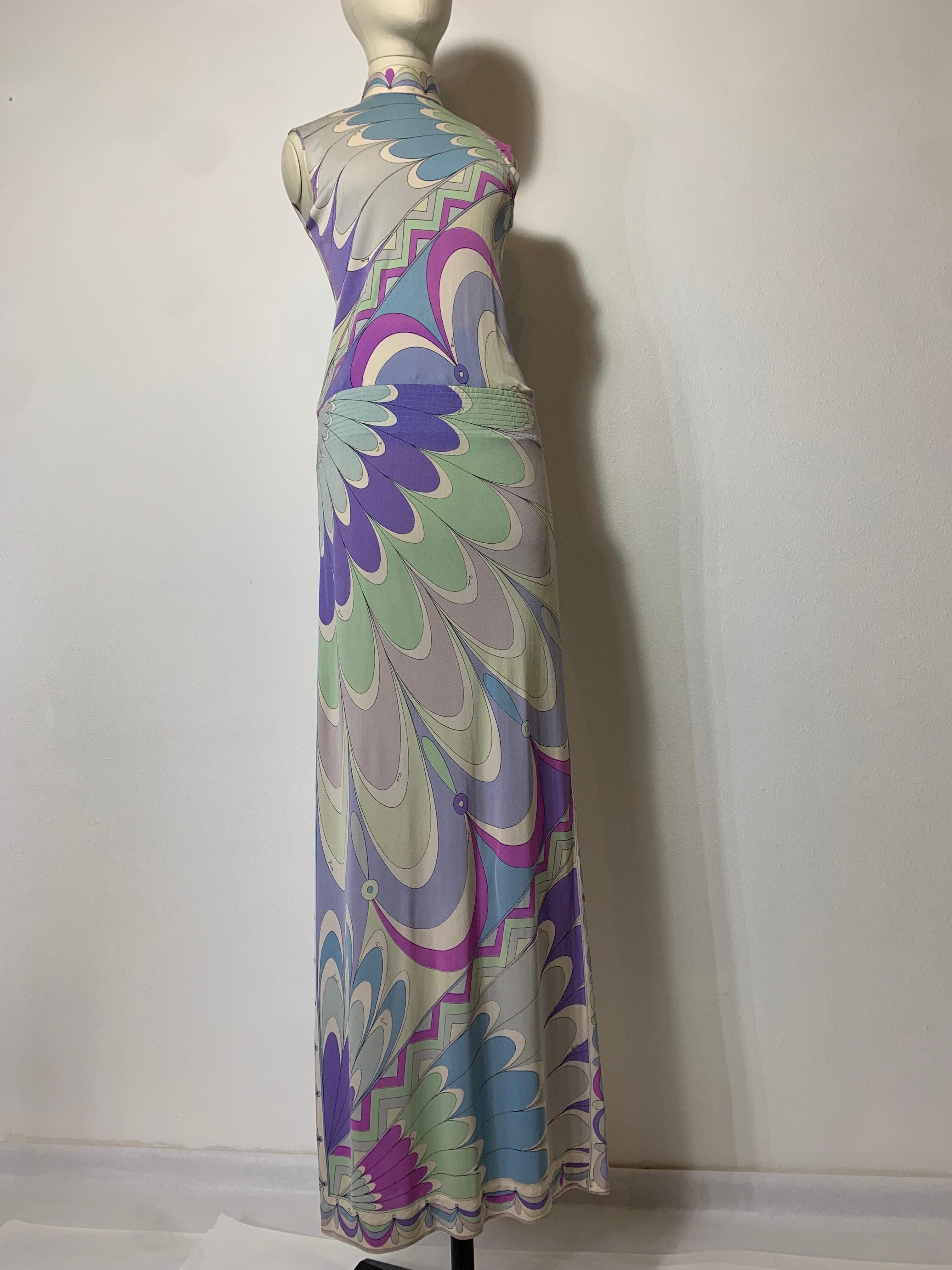1960s Emilio Pucci Silk Jersey Pastel Print Maxi Dress w Fitted Hip & Blouson  For Sale 12