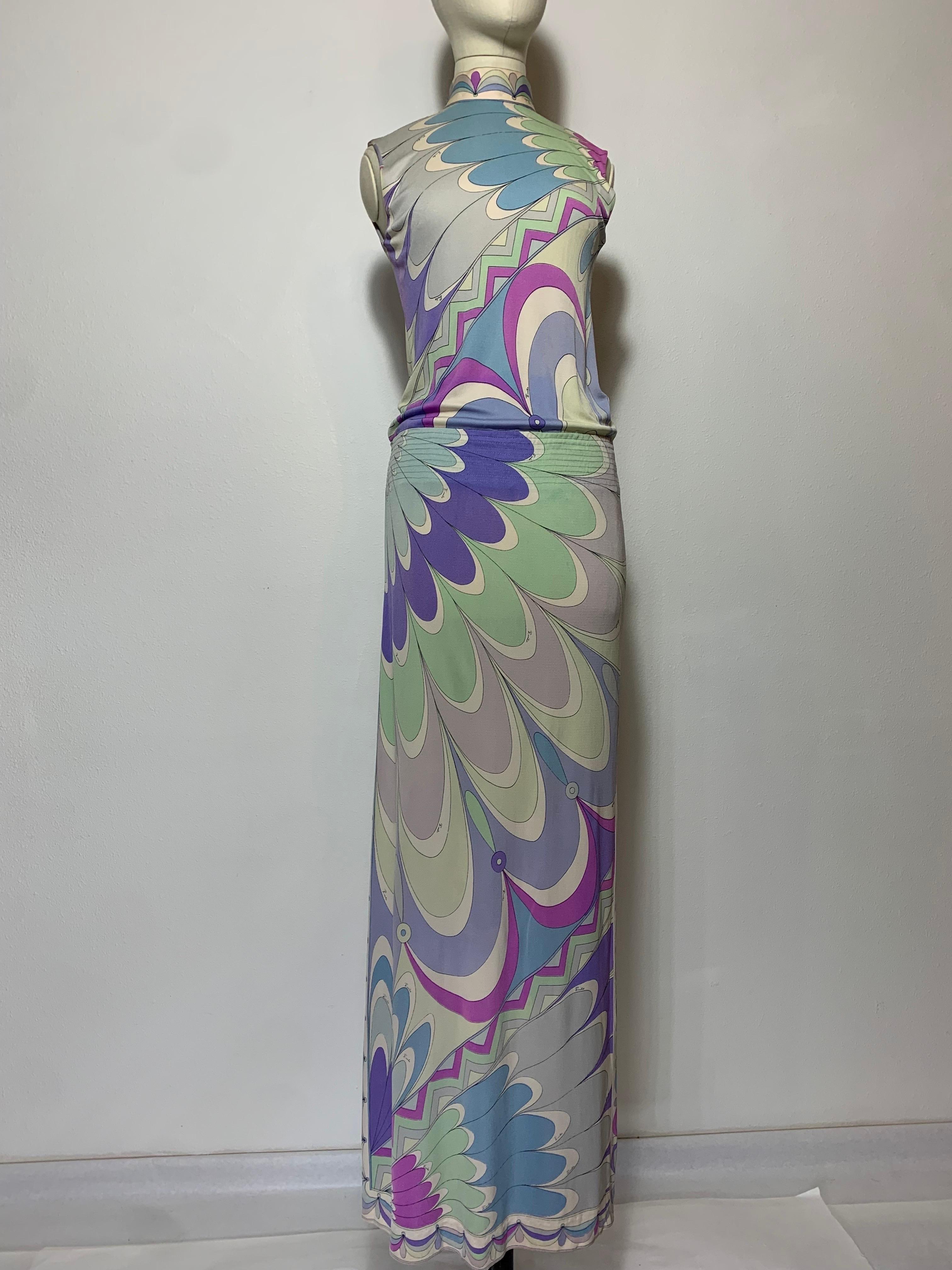 1960s Emilio Pucci Silk Jersey Pastel Print Maxi Dress w Fitted Hip & Blouson Waist: Classic Pucci print in pastel purple, lavender, dove gray and pistachio feather fans. Wide concentric-stitched band waist is fitted at hip to form a blouson waist.