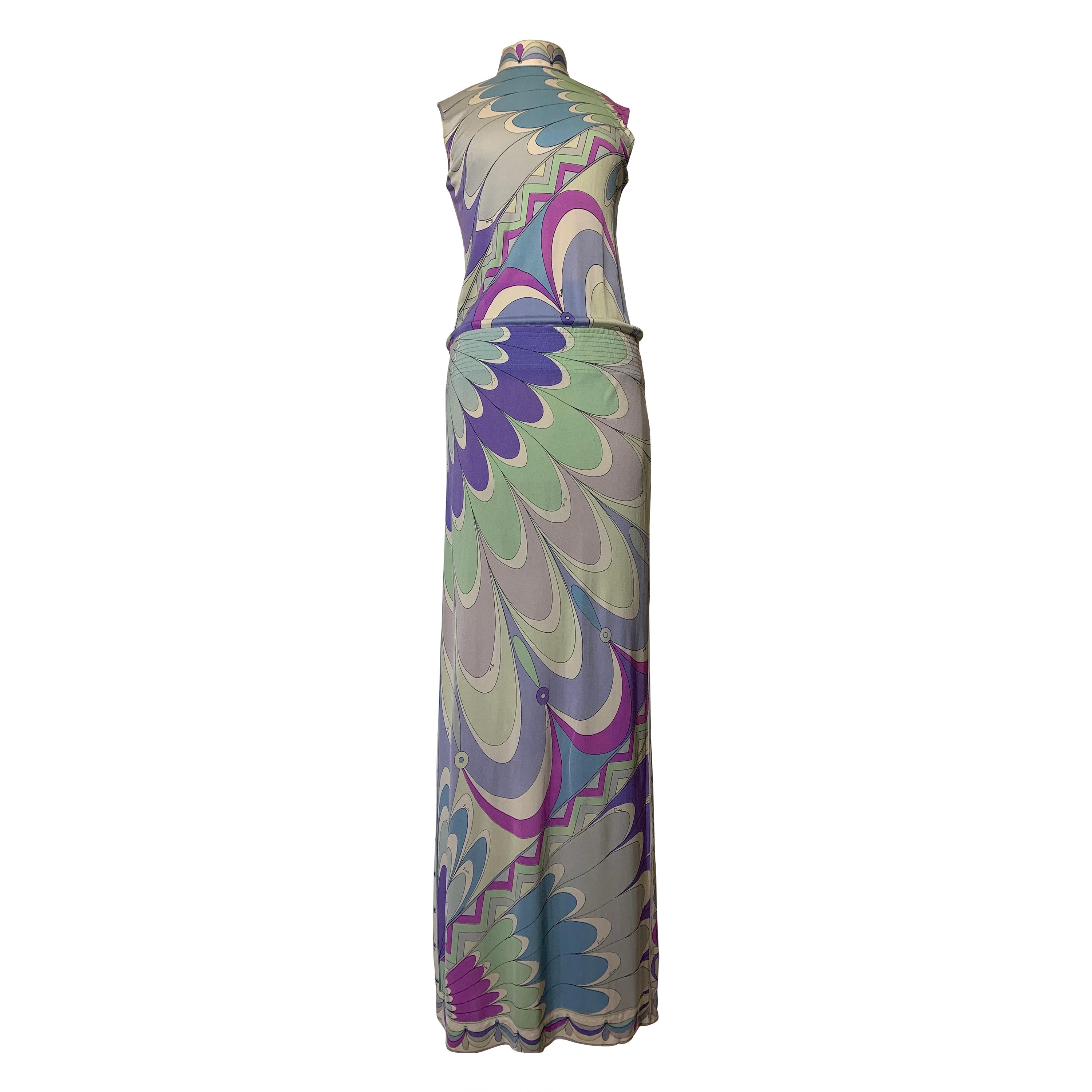 1960s Emilio Pucci Silk Jersey Pastel Print Maxi Dress w Fitted Hip 
Blouson