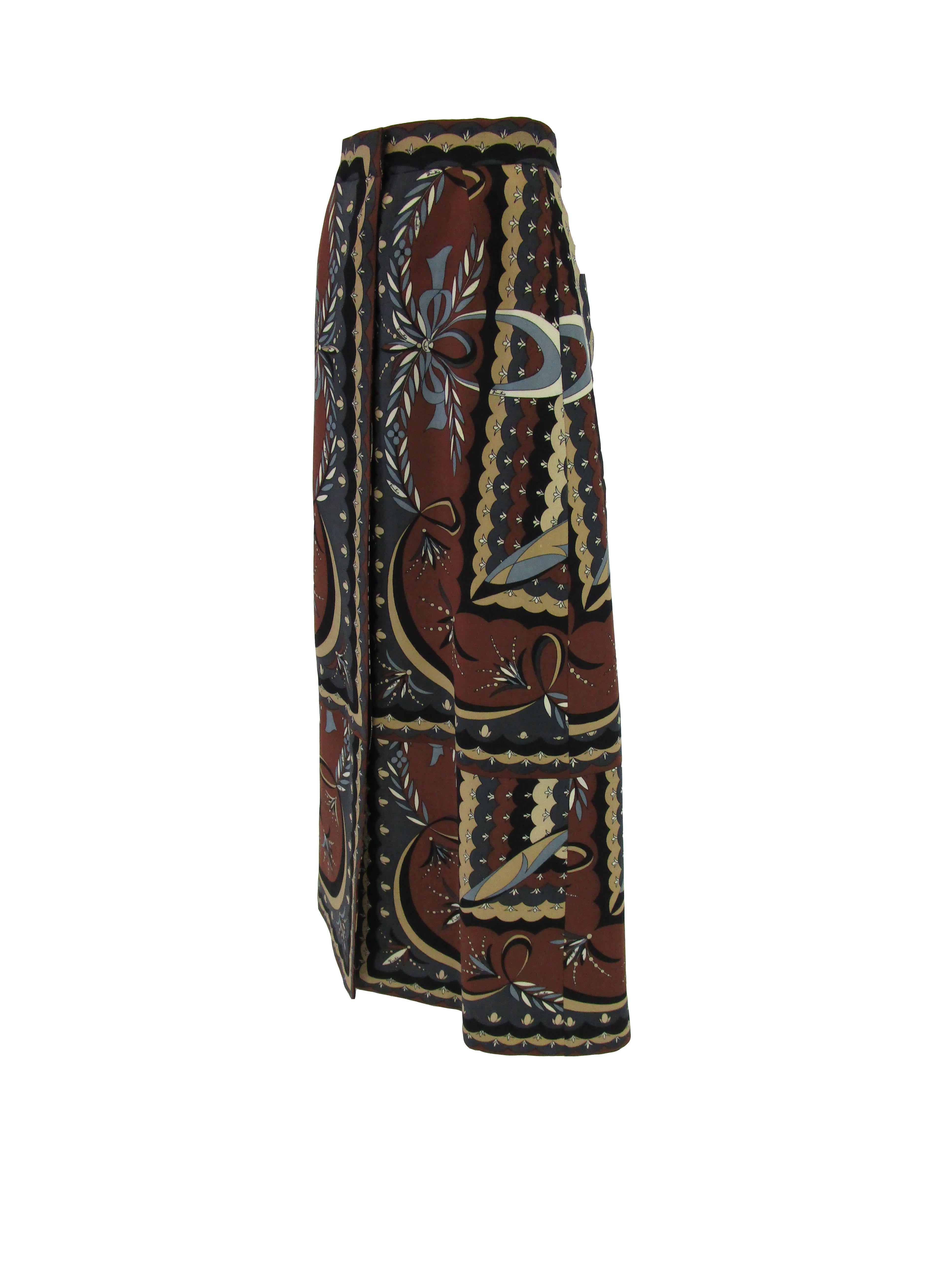 Black 1960s Emilio Pucci Wool Neutral Geometric Print Wrap Skirt