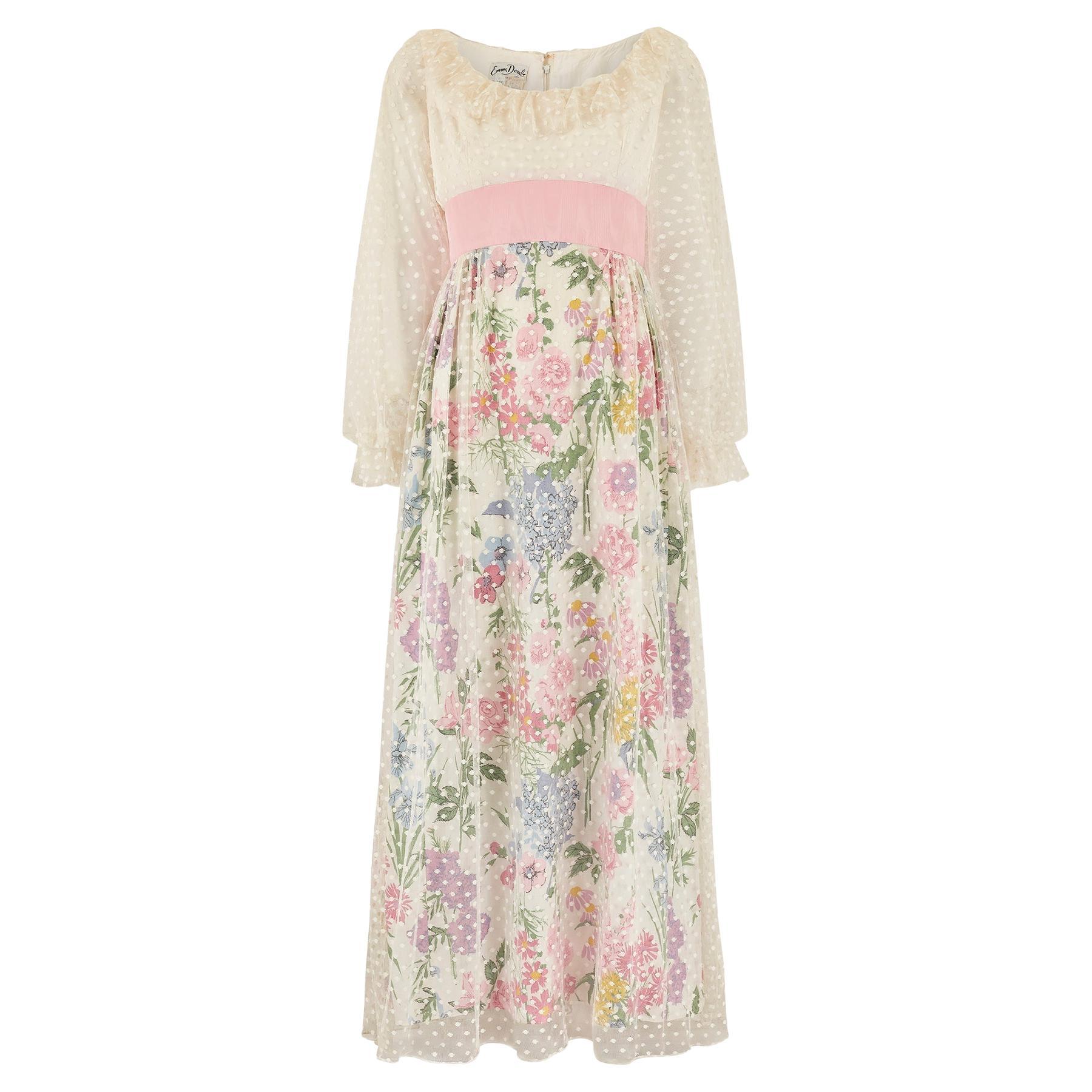 1960 Emma Domb - Robe à fleurs et filet avec ceinture moirée en vente