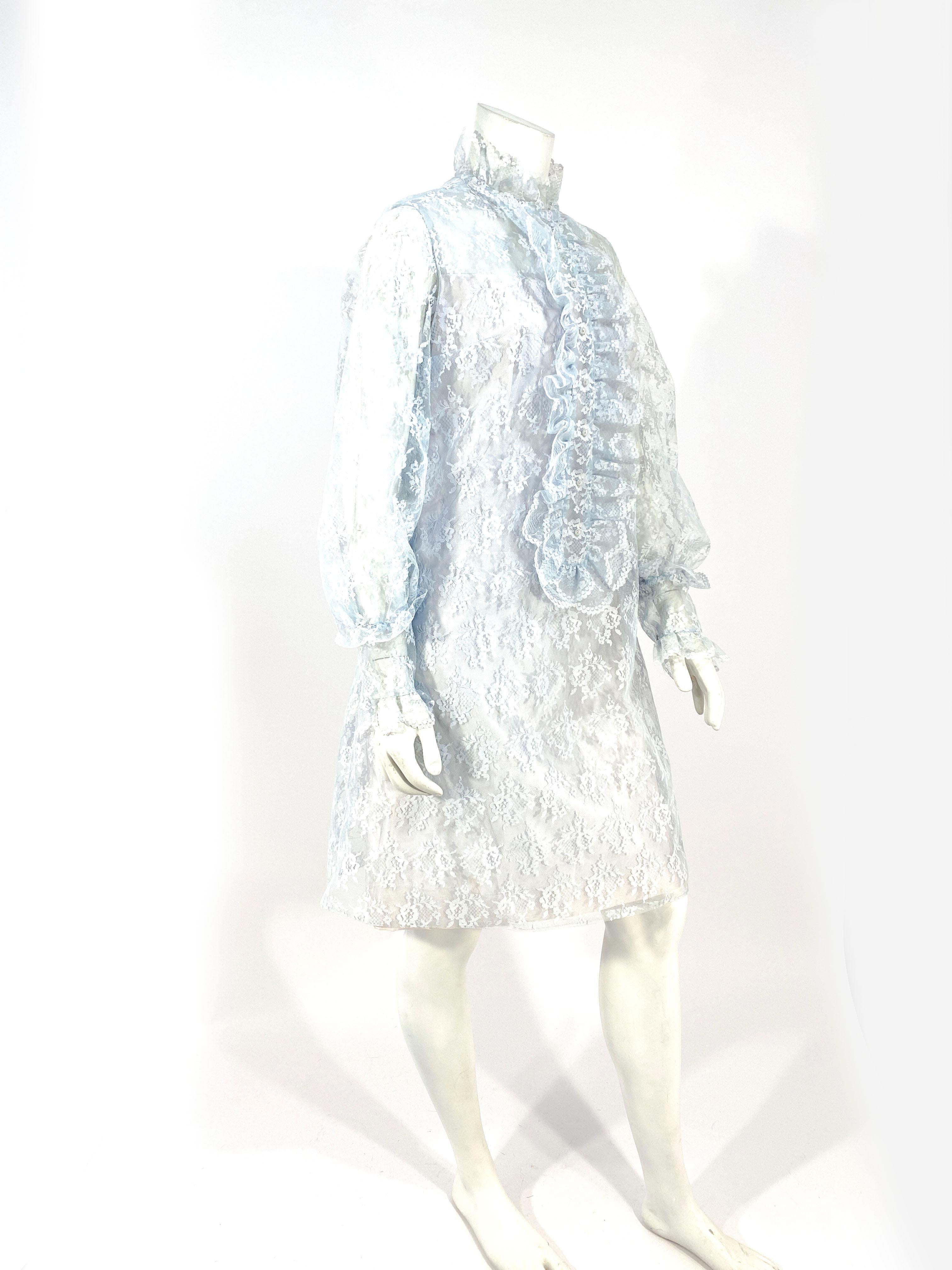 1960s Emma Domb Powder Blue Lace Shift Dress In Good Condition In San Francisco, CA