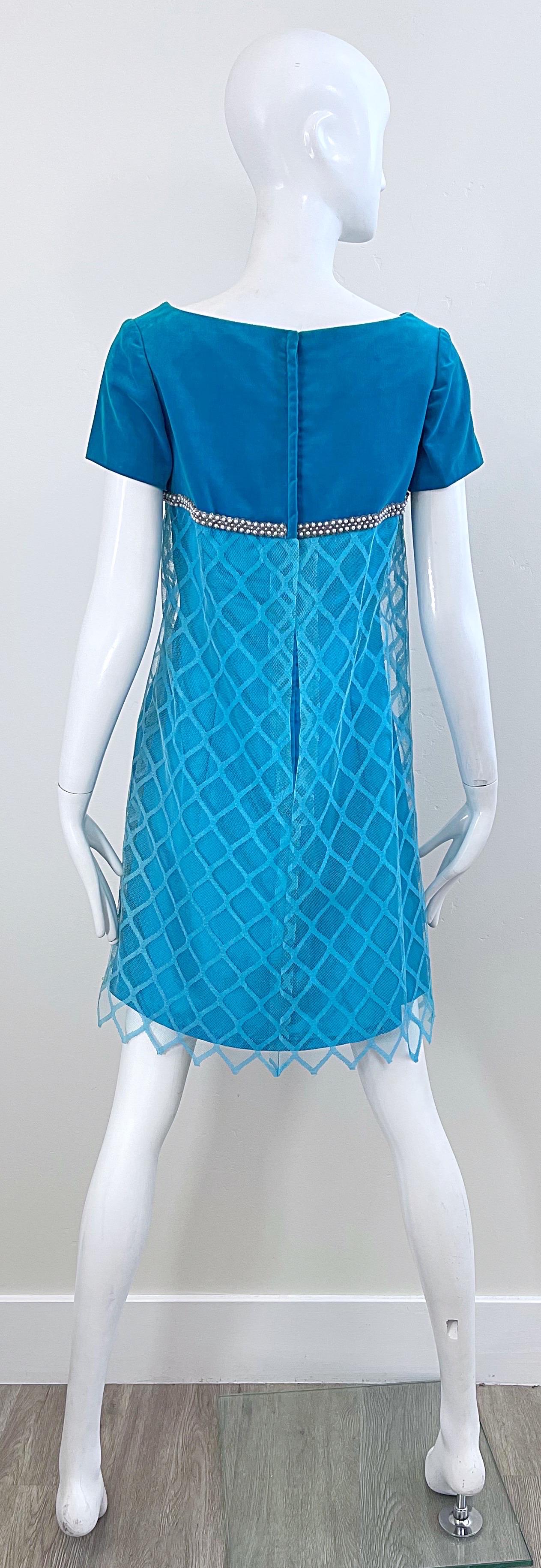 1960s Emma Domb Turquoise Blue Silk + Velvet Pearl Encrusted Vintage 60s Dress  For Sale 6