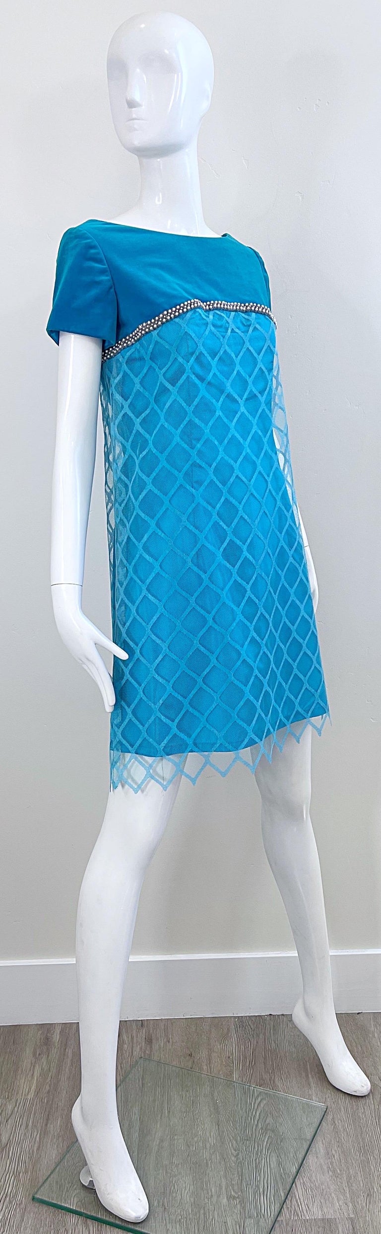 1960s Emma Domb Turquoise Blue Silk + Velvet Pearl Encrusted Vintage 60s Dress  For Sale 7