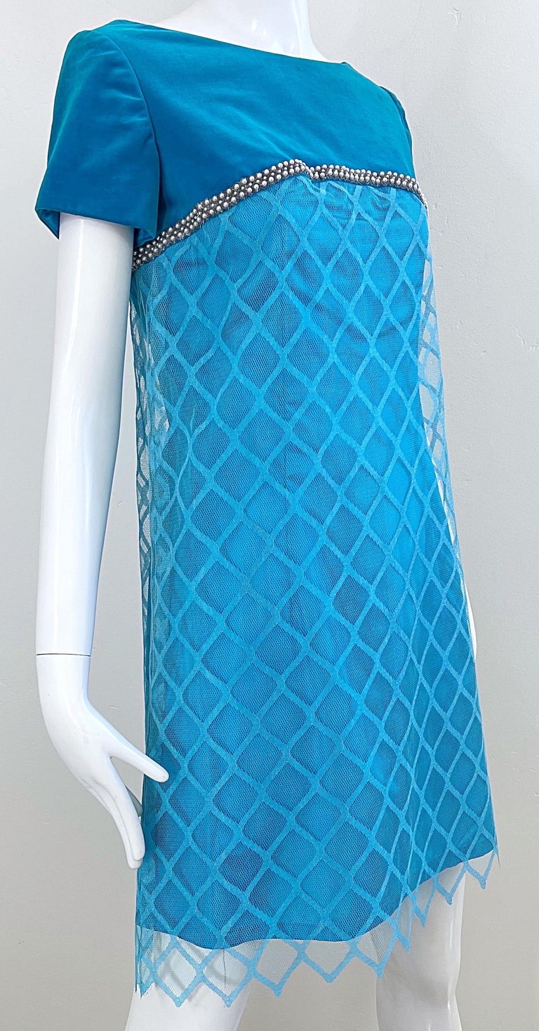 1960s Emma Domb Turquoise Blue Silk + Velvet Pearl Encrusted Vintage 60s Dress  For Sale 8