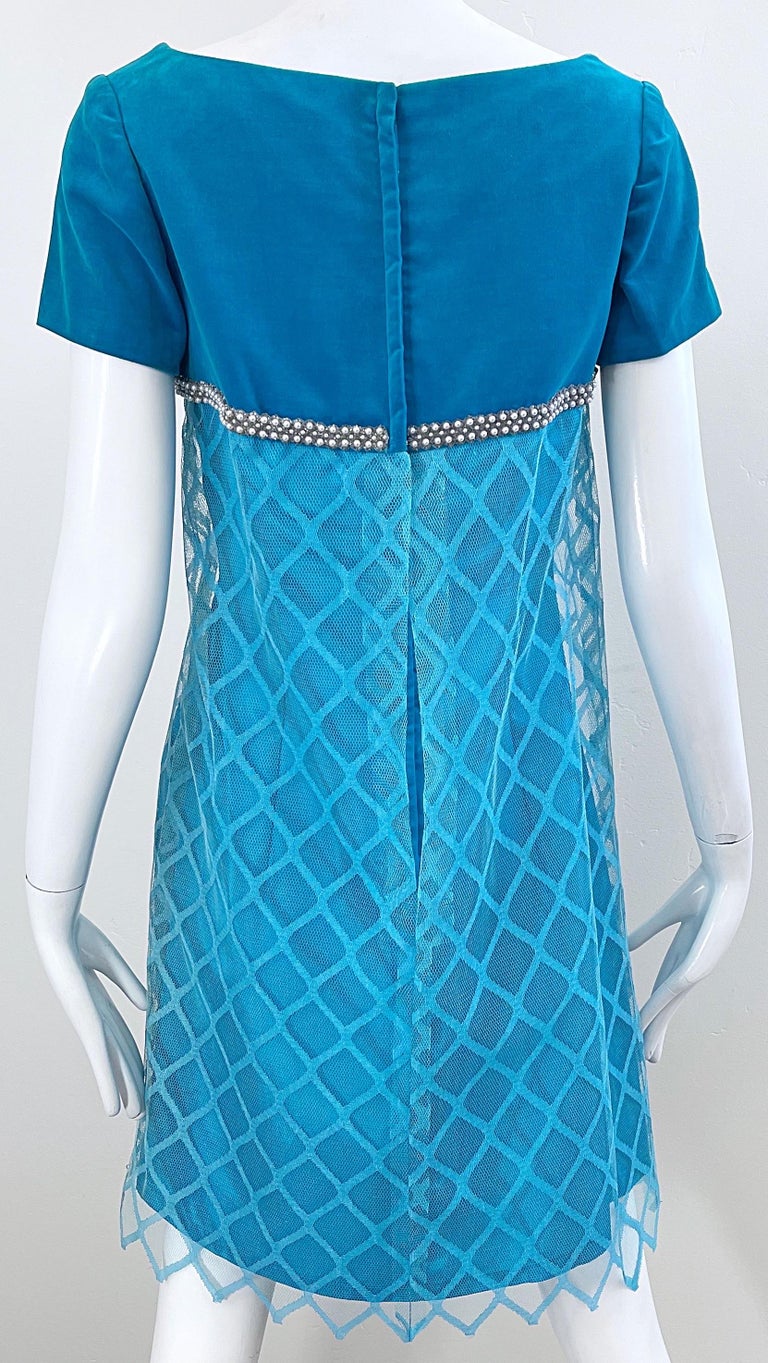 1960s Emma Domb Turquoise Blue Silk + Velvet Pearl Encrusted Vintage 60s Dress  For Sale 9