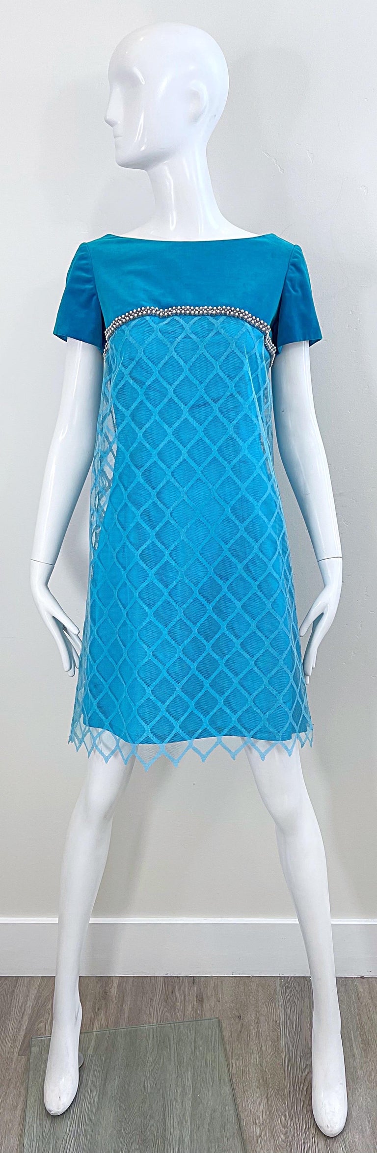 1960s Emma Domb Turquoise Blue Silk + Velvet Pearl Encrusted Vintage 60s Dress  For Sale 10