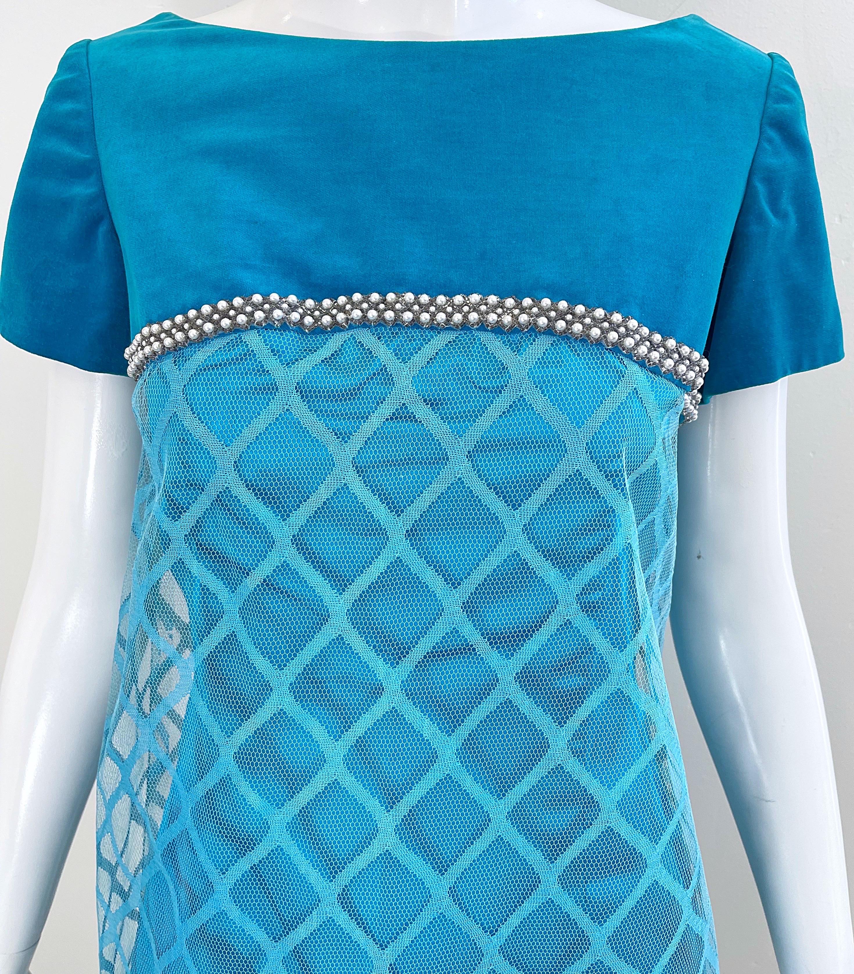 Bleu 1960s Emma Domb Turquoise Blue Silk + Velvet Pearl Encrusted Vintage 60s Dress en vente