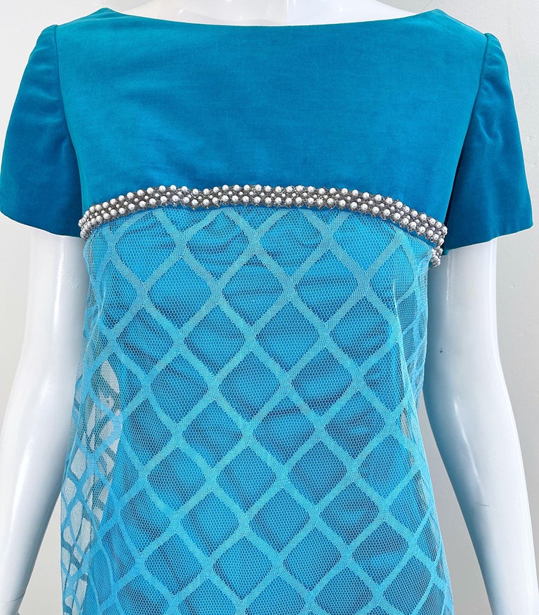 1960s Emma Domb Turquoise Blue Silk + Velvet Pearl Encrusted Vintage 60s Dress  In Excellent Condition For Sale In San Diego, CA
