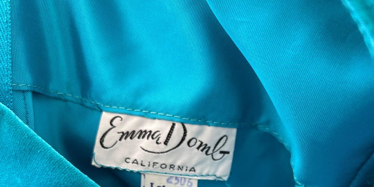 Women's 1960s Emma Domb Turquoise Blue Silk + Velvet Pearl Encrusted Vintage 60s Dress  For Sale