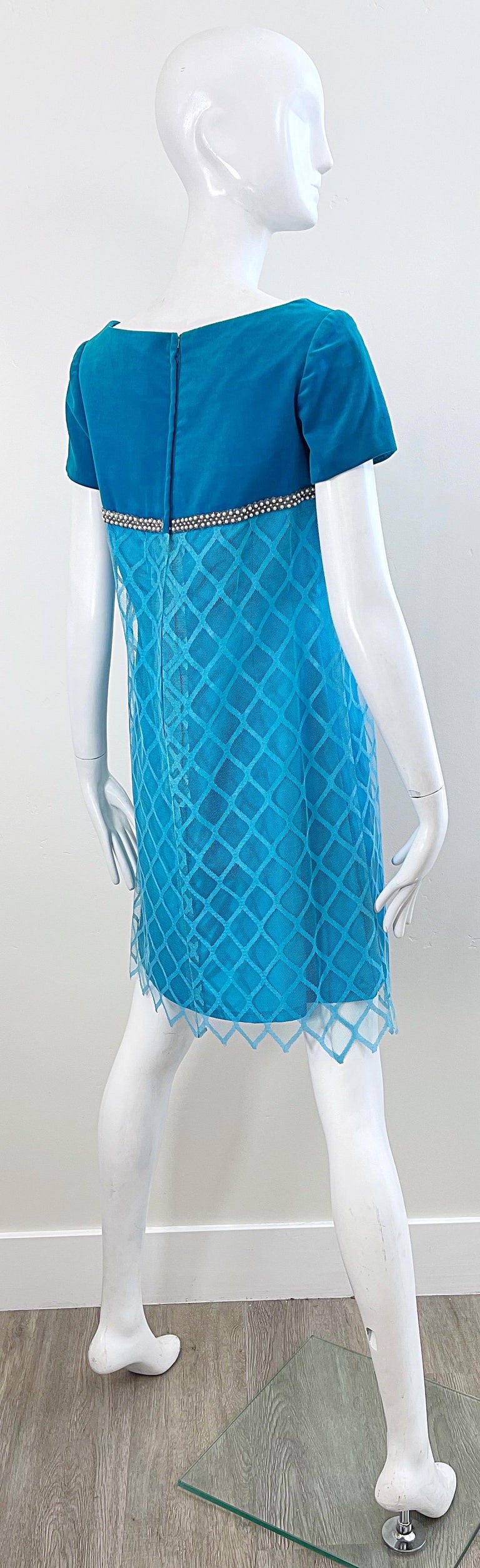 1960s Emma Domb Turquoise Blue Silk + Velvet Pearl Encrusted Vintage 60s Dress  For Sale 1