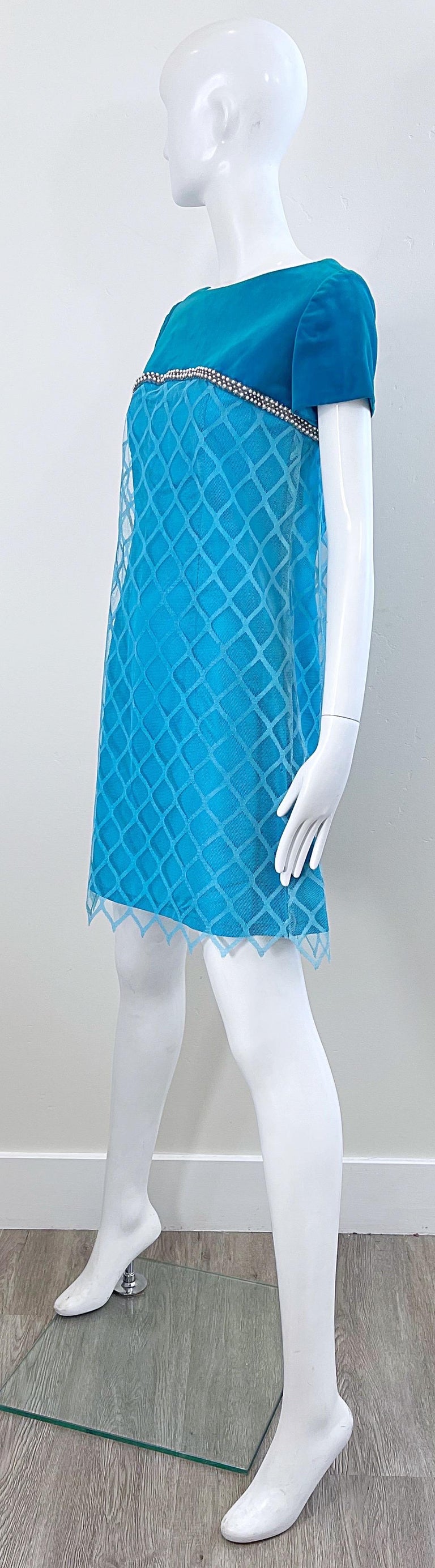 1960s Emma Domb Turquoise Blue Silk + Velvet Pearl Encrusted Vintage 60s Dress  For Sale 2