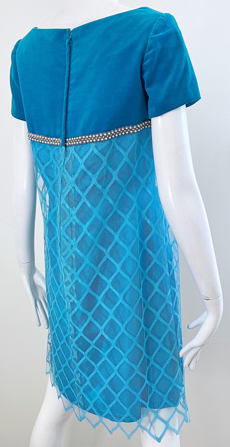 1960s Emma Domb Turquoise Blue Silk + Velvet Pearl Encrusted Vintage 60s Dress  For Sale 4