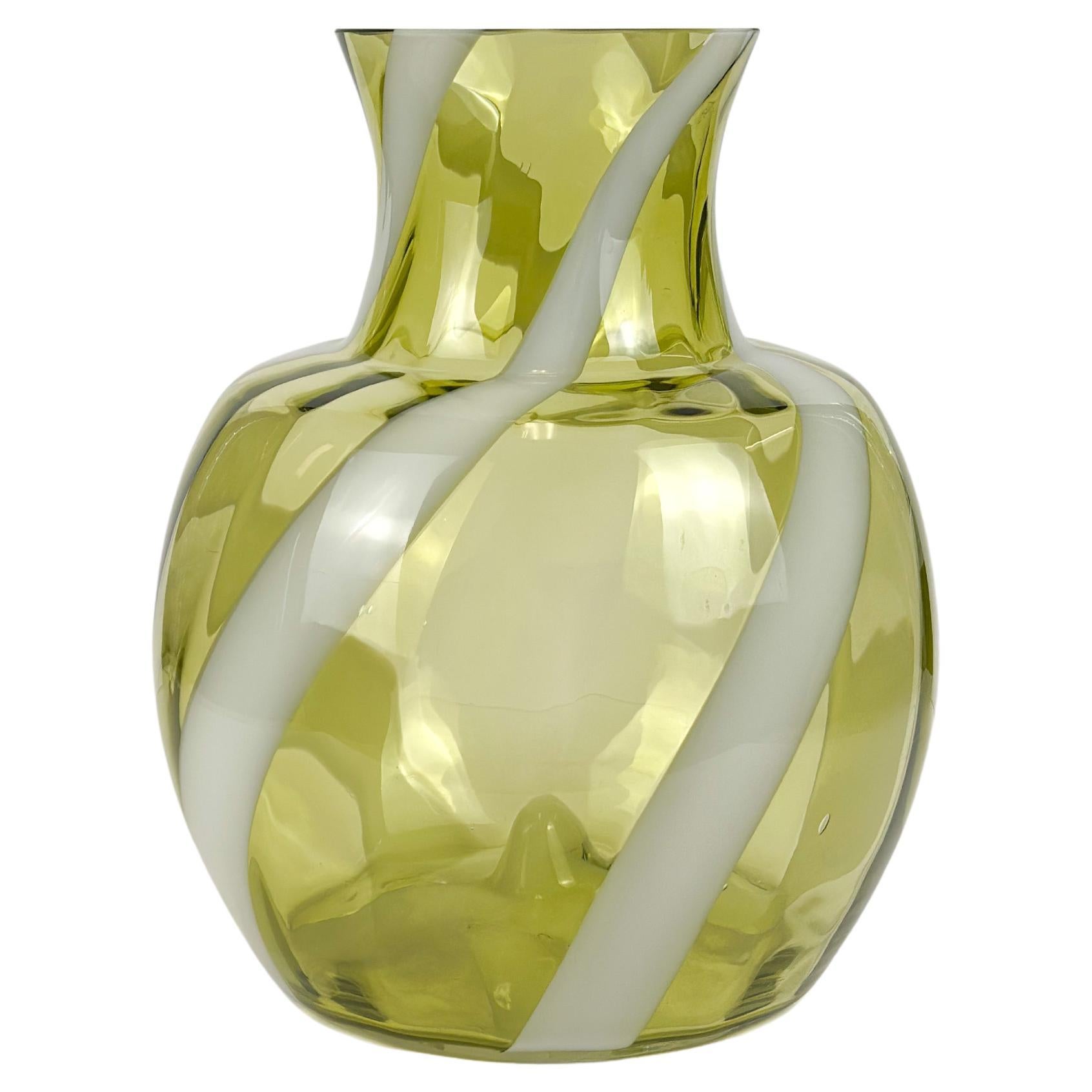 1960s Empoli Chartreuse Striped Glass Vase by Cristalleria Artistica Toscana For Sale