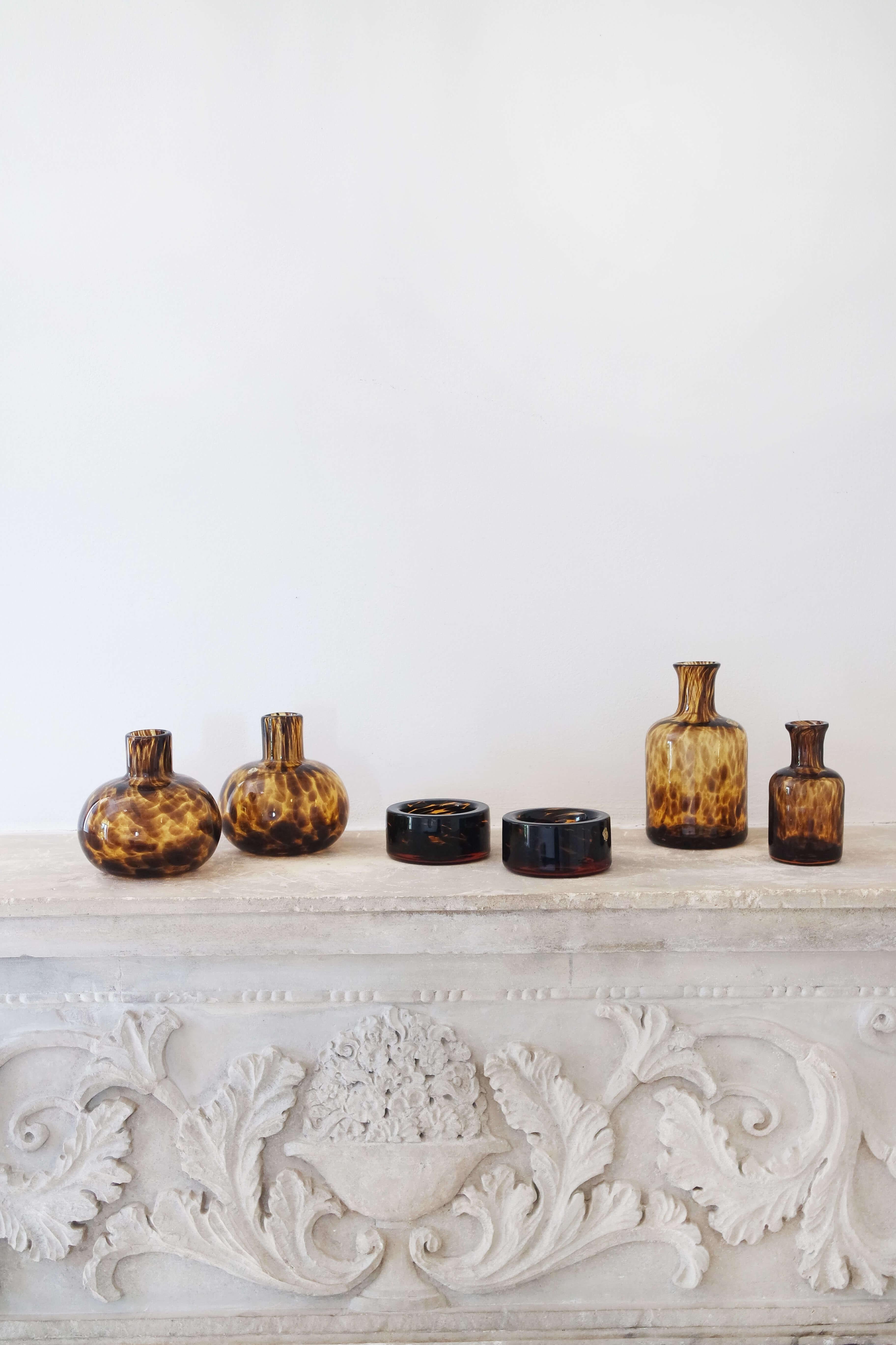 Italian 1960s Empoli Glass Tortoiseshell Round Bottles