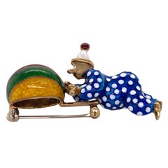 1960's Enamel 14 Karat Yellow Gold Clown & Ball Brooch Pin