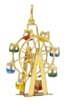 1960's Enamel 14 Karat Yellow Gold Vintage Ferris Wheel Pendant Charm