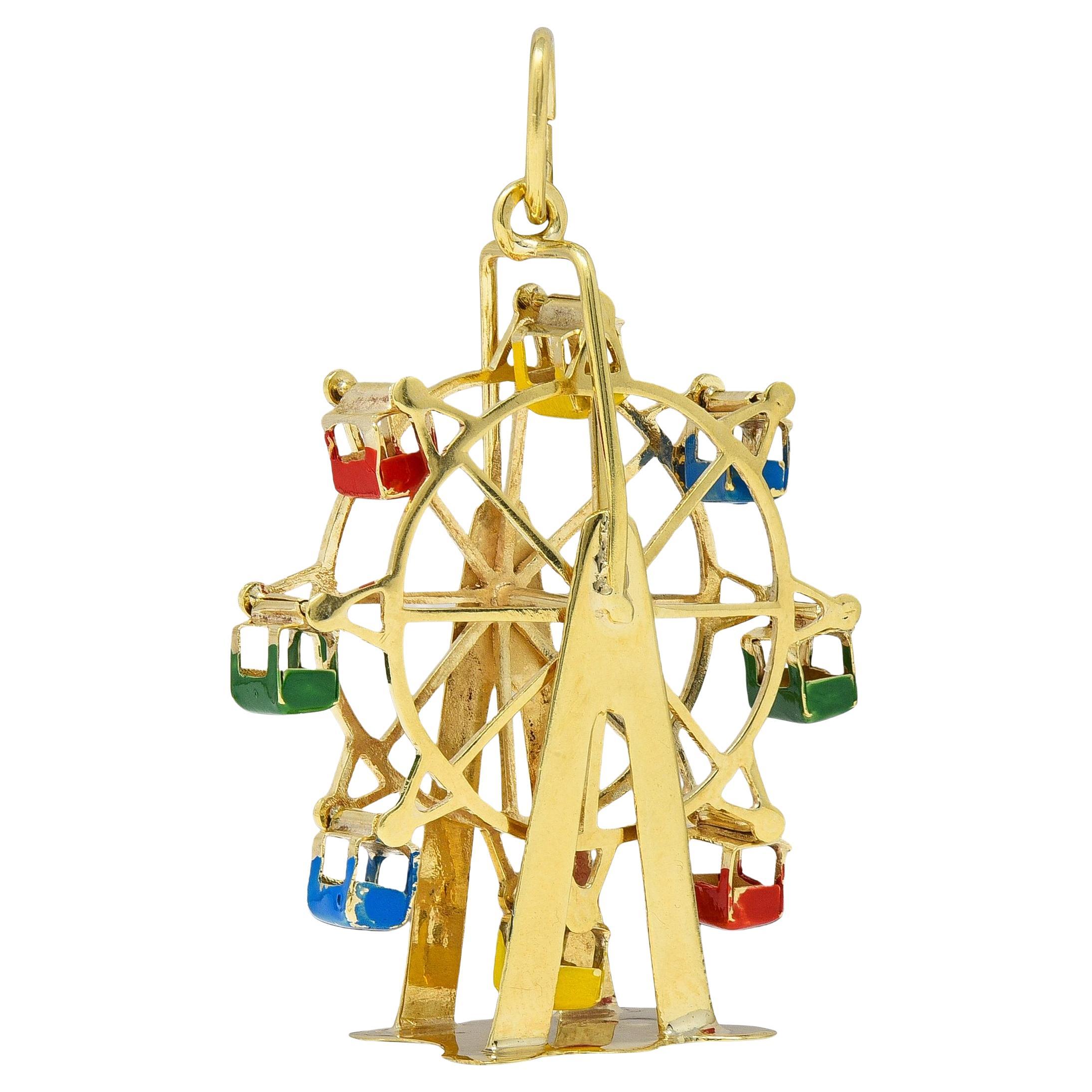 1960's Enamel 14 Karat Yellow Gold Vintage Ferris Wheel Pendant Charm