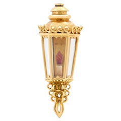 1960's Enamel 18 Karat Yellow Gold Vintage Lamp Candle Brooch
