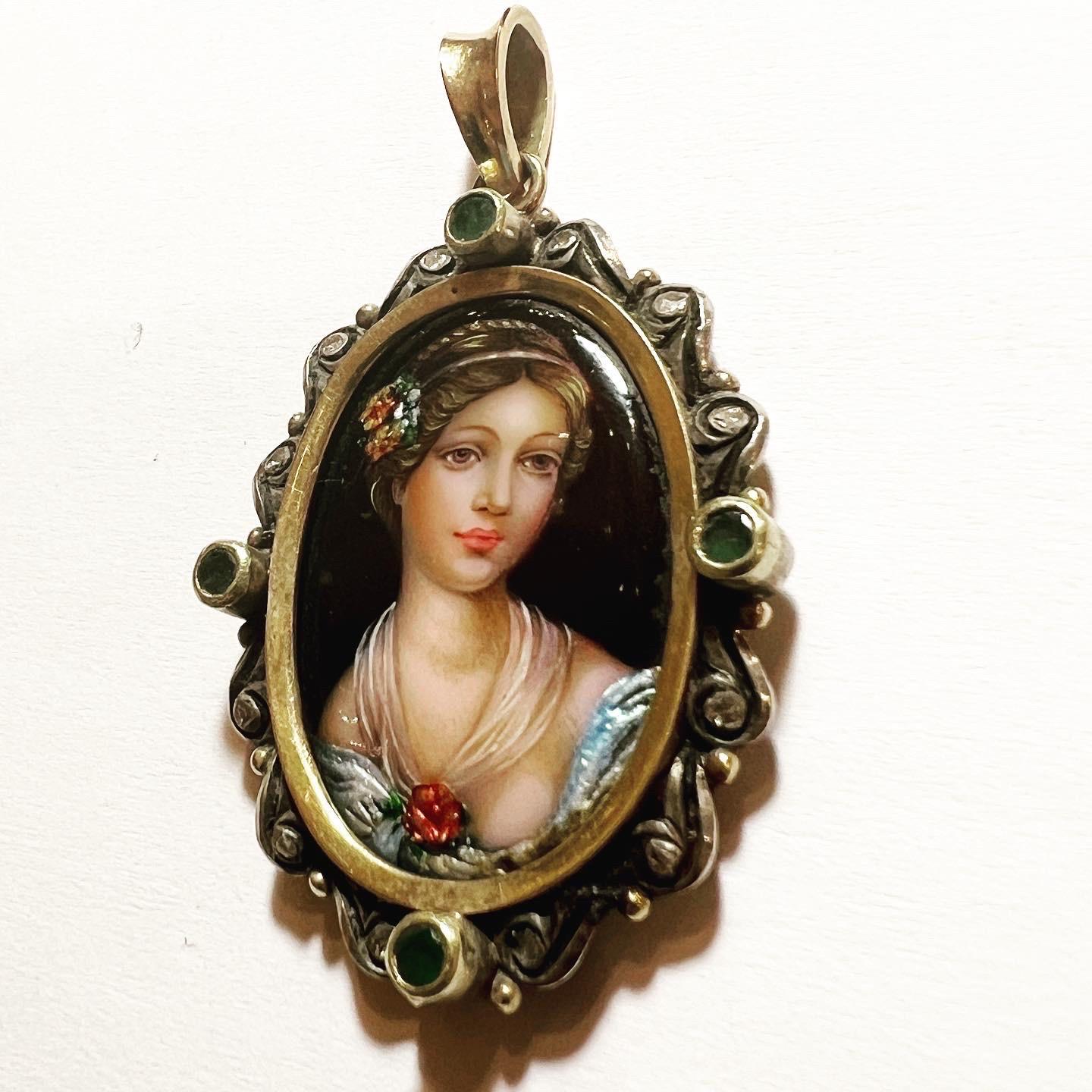 Victorian 1960s Enamel 18k Yellow Gold Diamonds Emeralds Portrait Medal Pendant