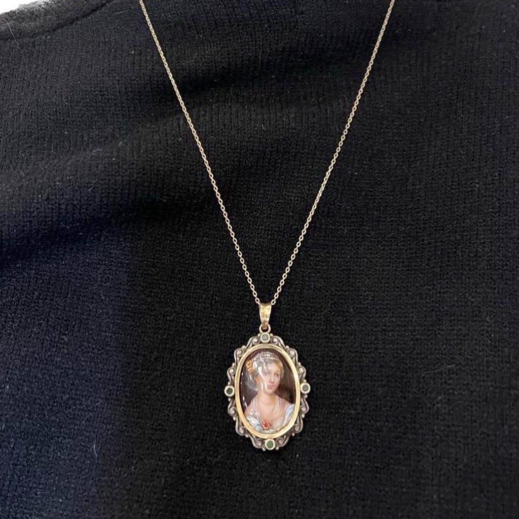 Women's or Men's 1960s Enamel 18k Yellow Gold Diamonds Emeralds Portrait Medal Pendant