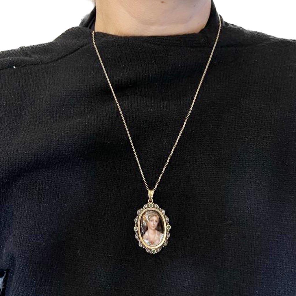 1960s Enamel 18k Yellow Gold Diamonds Emeralds Portrait Medal Pendant 1