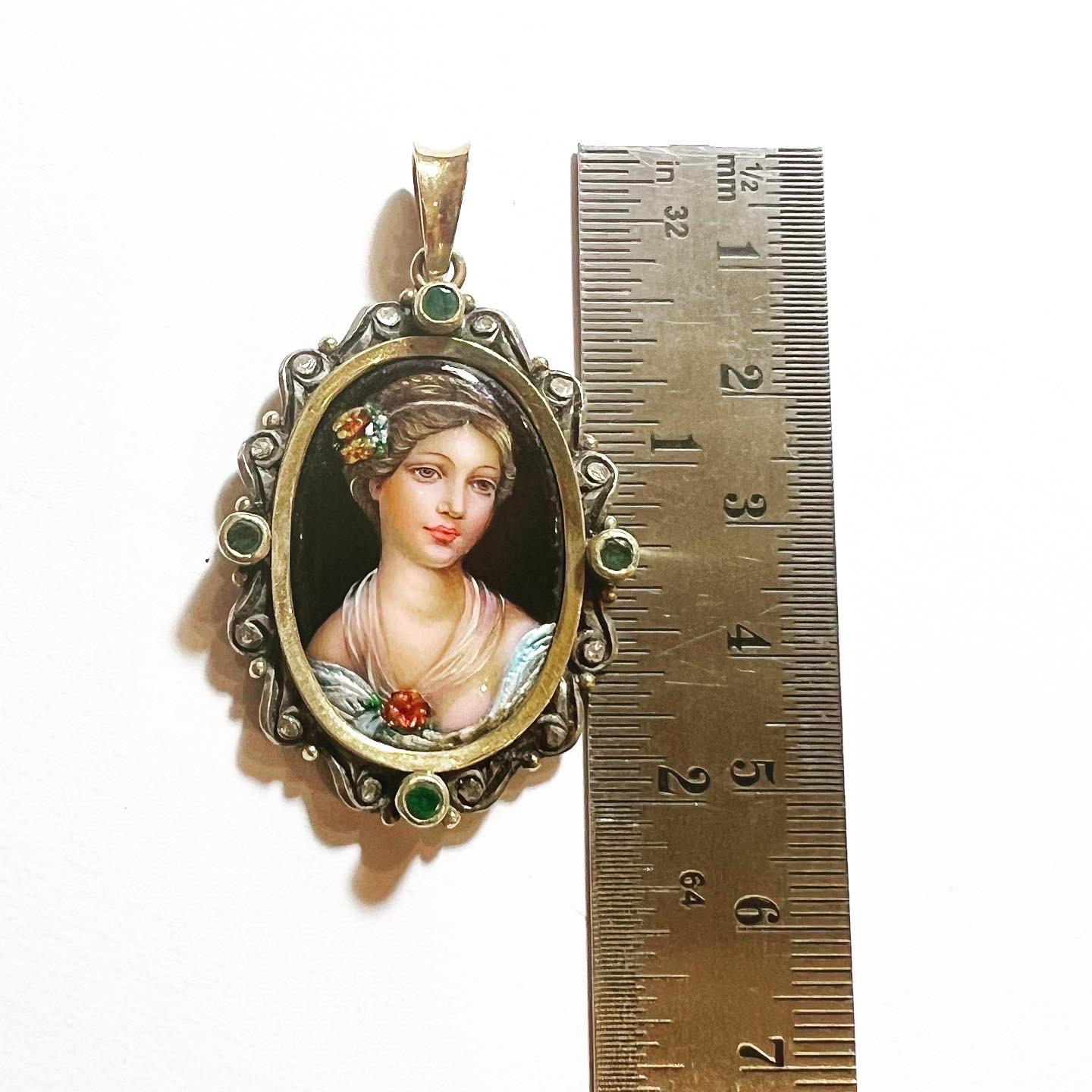 1960s Enamel 18k Yellow Gold Diamonds Emeralds Portrait Medal Pendant 2