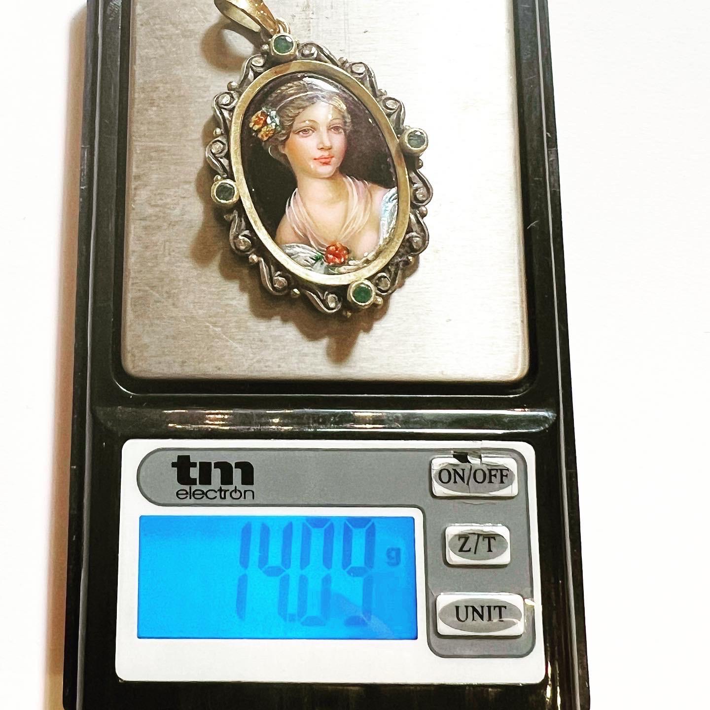 1960s Enamel 18k Yellow Gold Diamonds Emeralds Portrait Medal Pendant 3