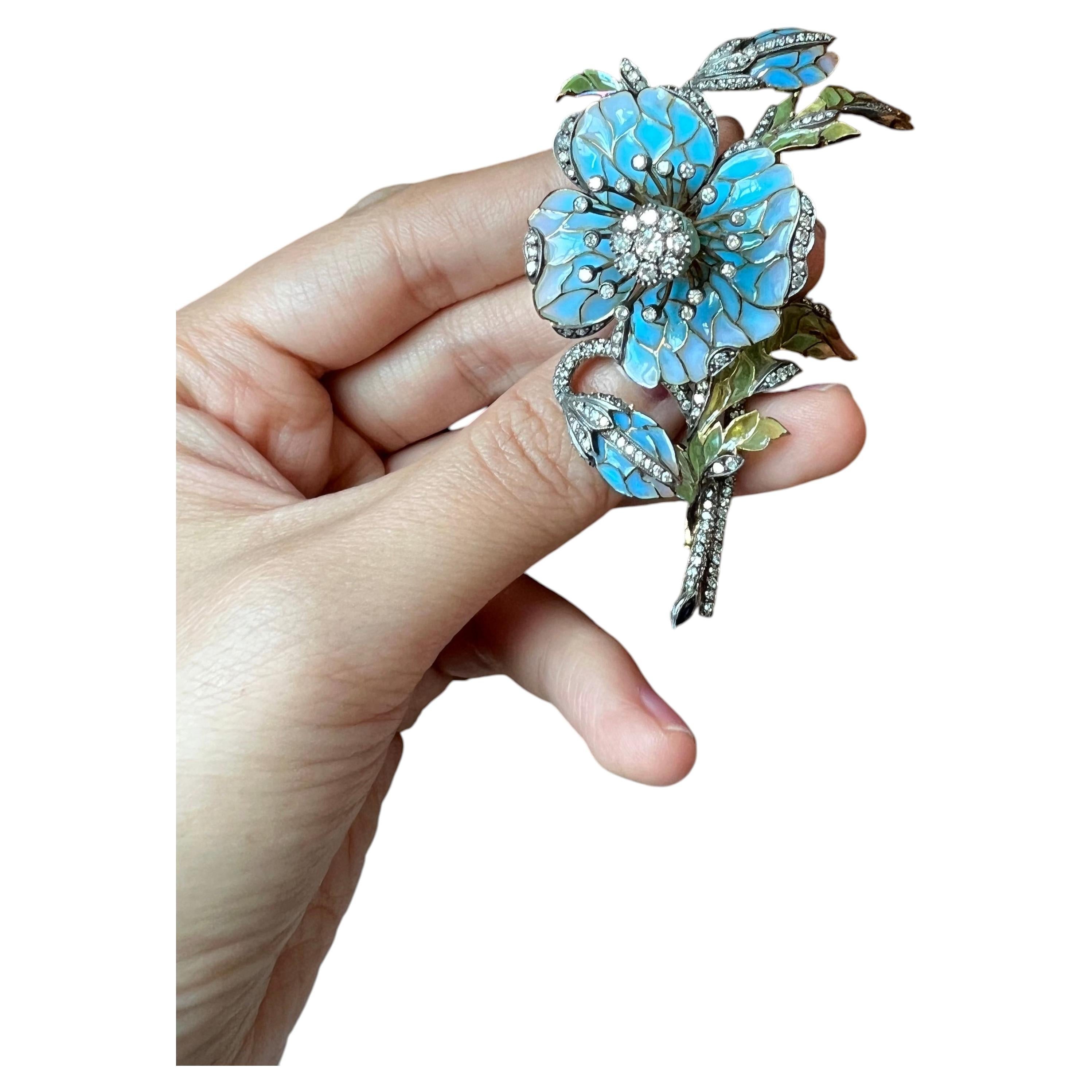1960s Enamel and Diamond Flower Brooch For Sale