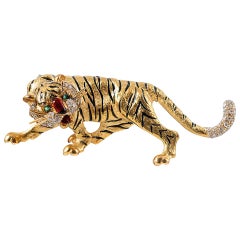 Retro 1960s Enamel and Diamond Tiger Brooch