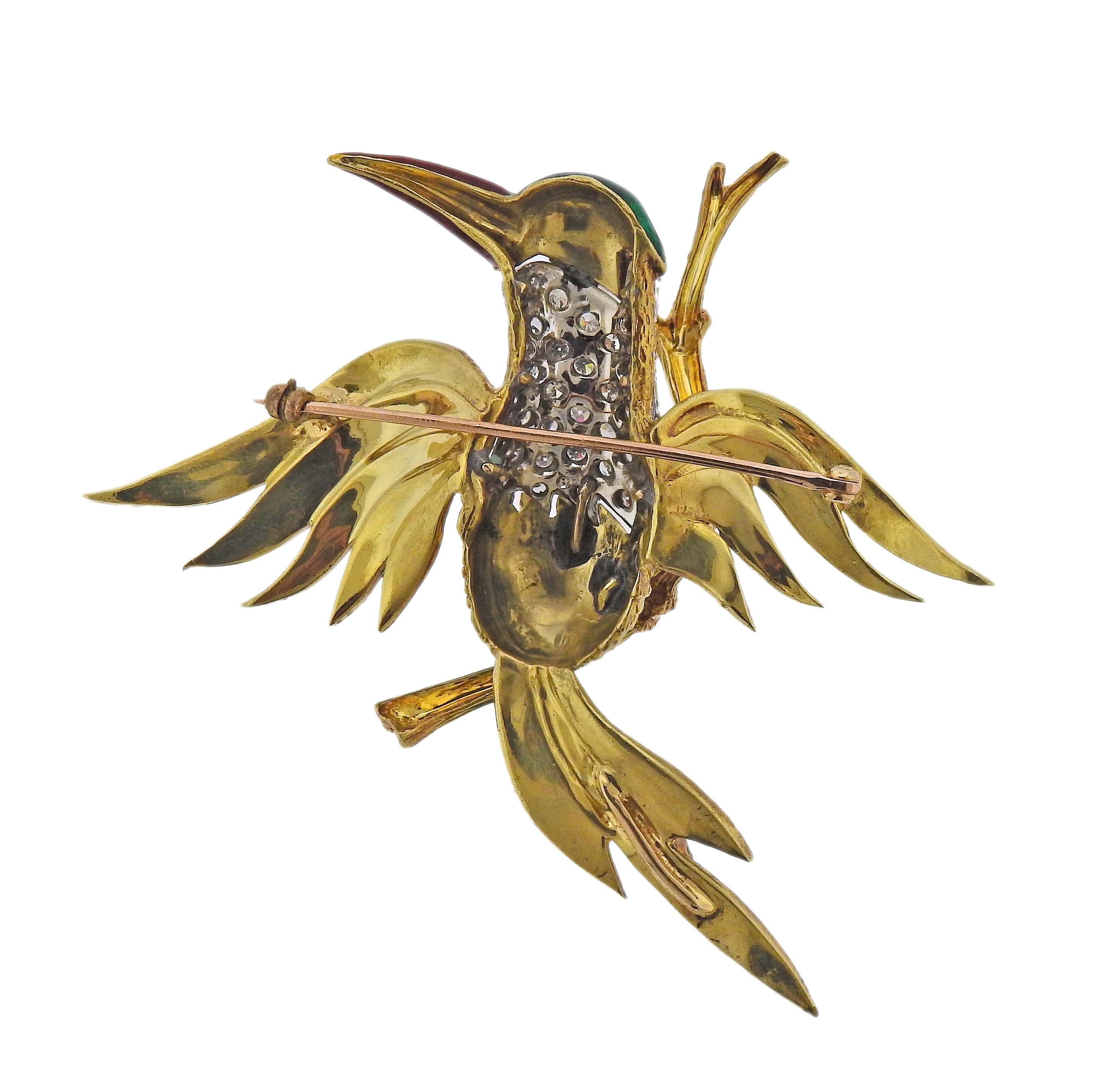 Vintage circa 1960s bird brooch, with bright enamel and approx. 0.80ctw in diamonds. Brooch is 2.5