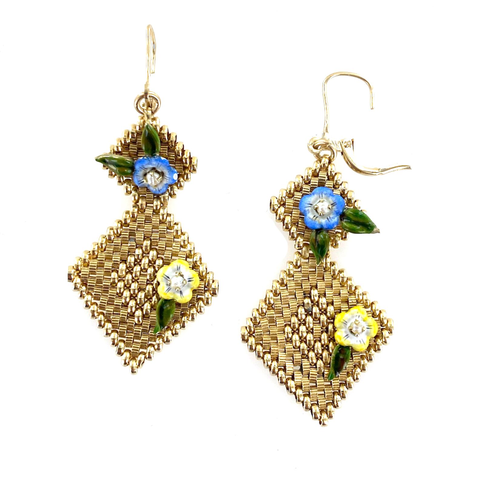 Modern 1960's Enamel Floral Mesh 14 Karat Yellow Gold Dangle Drop Vintage Earrings
