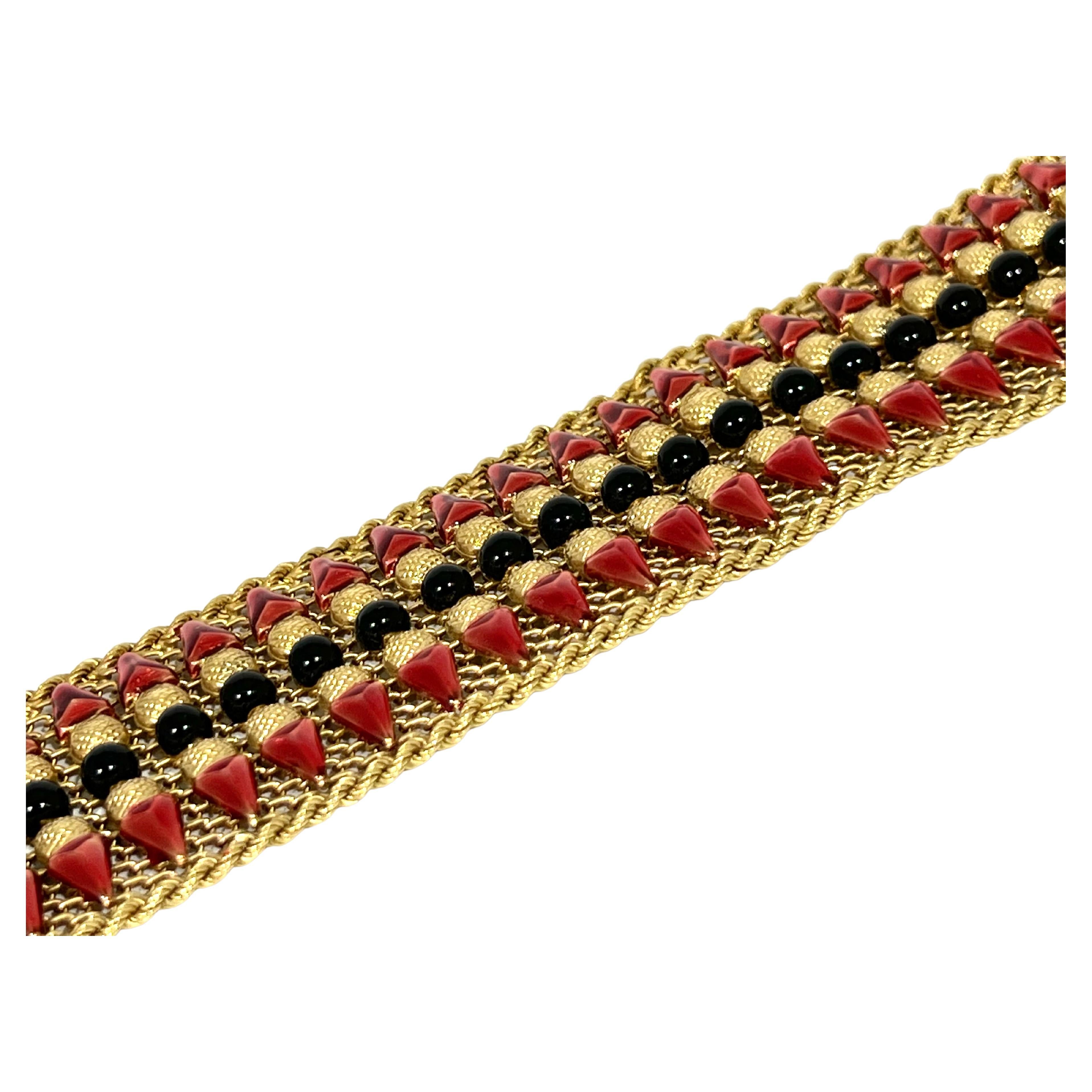 1960's Enamel Red and Black Mesh Bracelet in 18K Yellow Gold For Sale