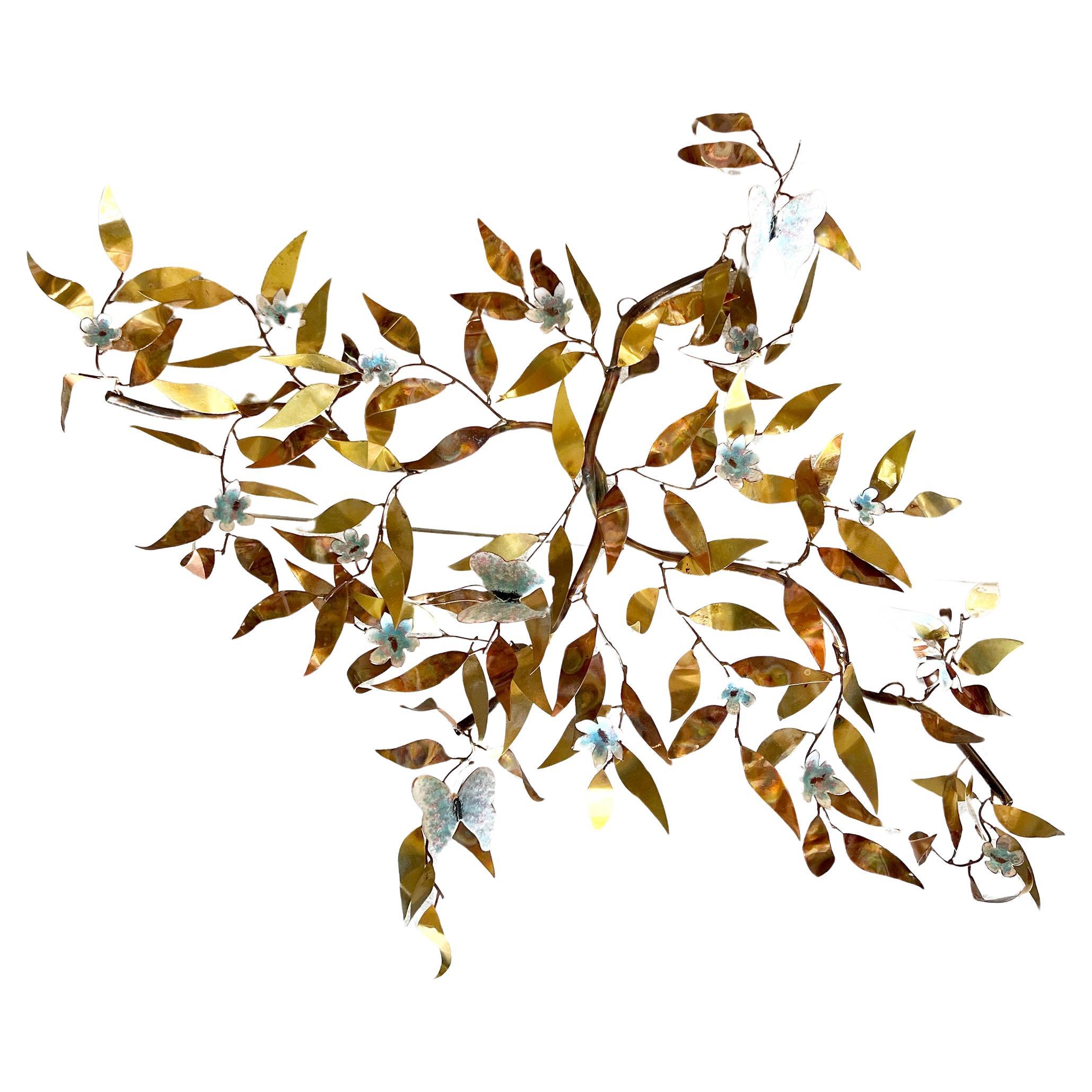 American 1960s Enameled Butterflies and Blooms in Brass Branching Wall Sculpture For Sale