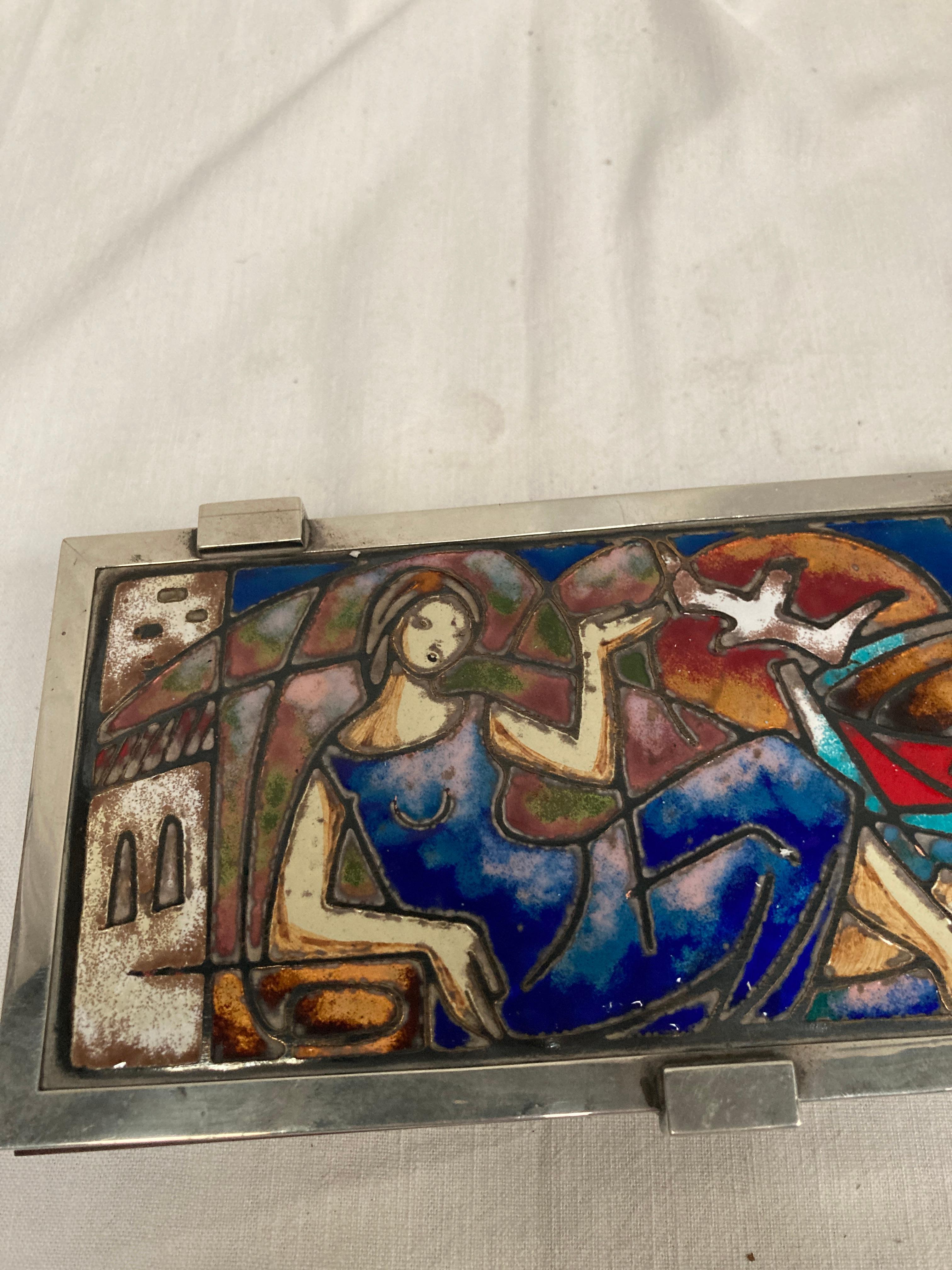Spanish 1960's enameled silver and wood boxe  For Sale