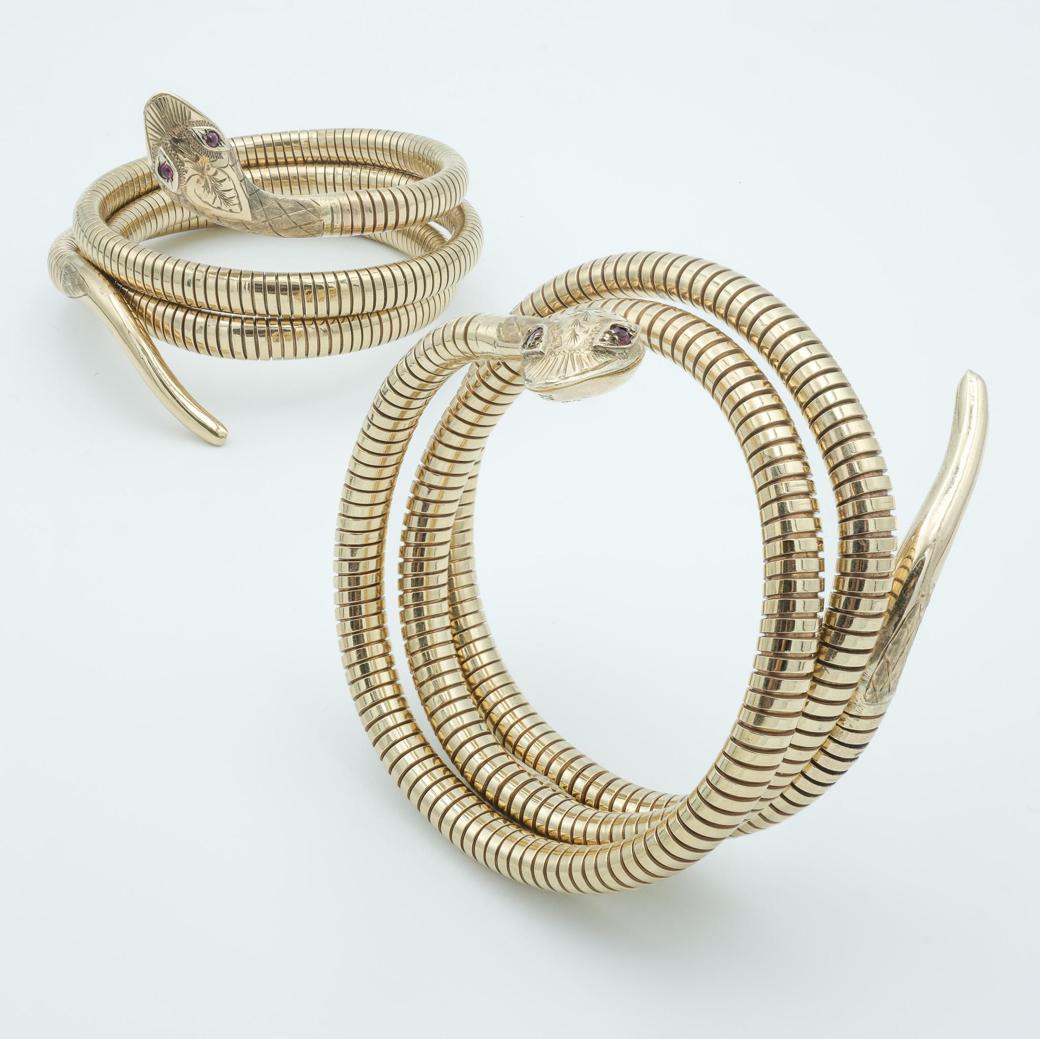 Victorian 1960s English Birks 9 Karat Rose Gold Double Snake Bracelet Rare Pair 