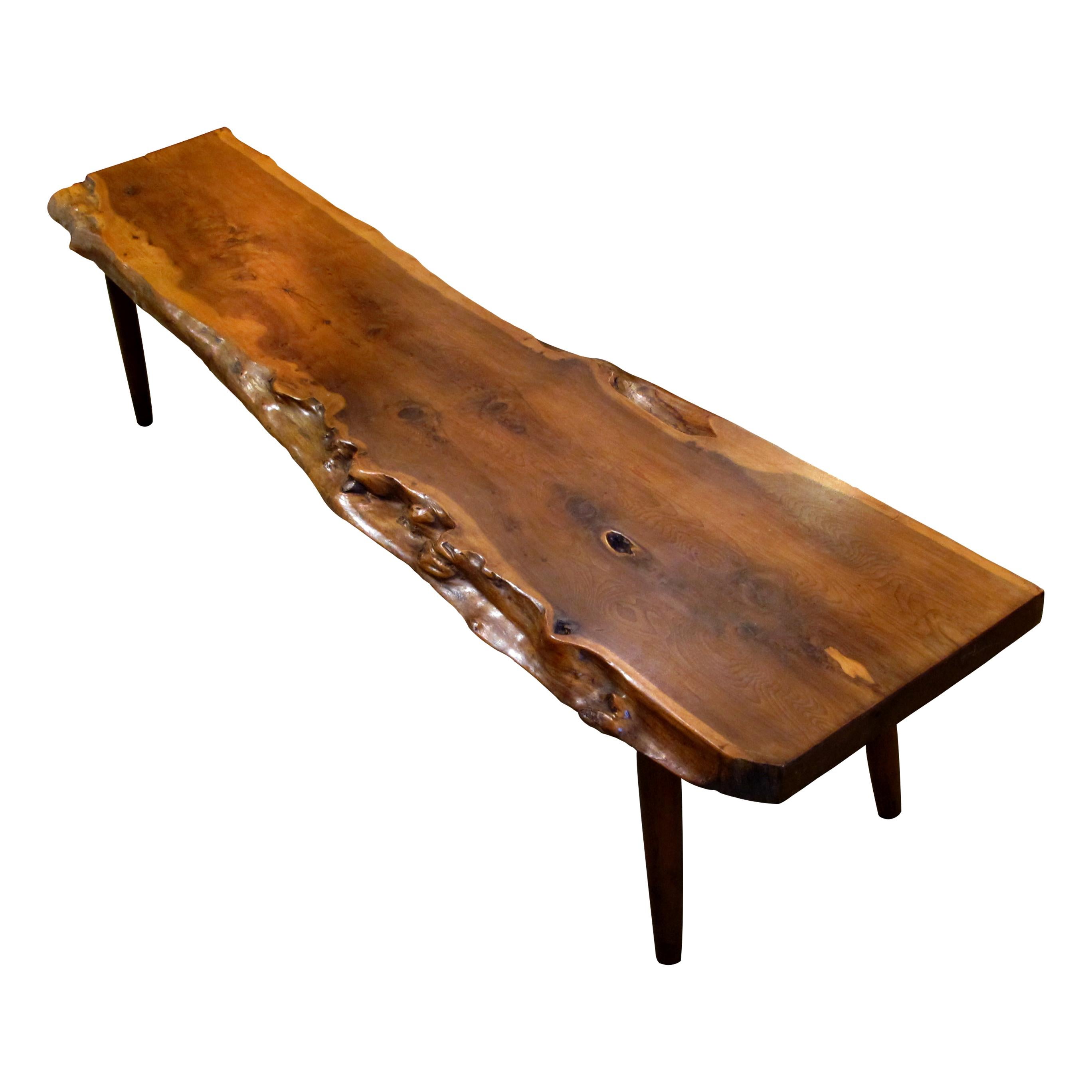 Mid-Century Modern 1960s English Live Edge Yew Wood Bench attributed to Reynolds Of Ludlow