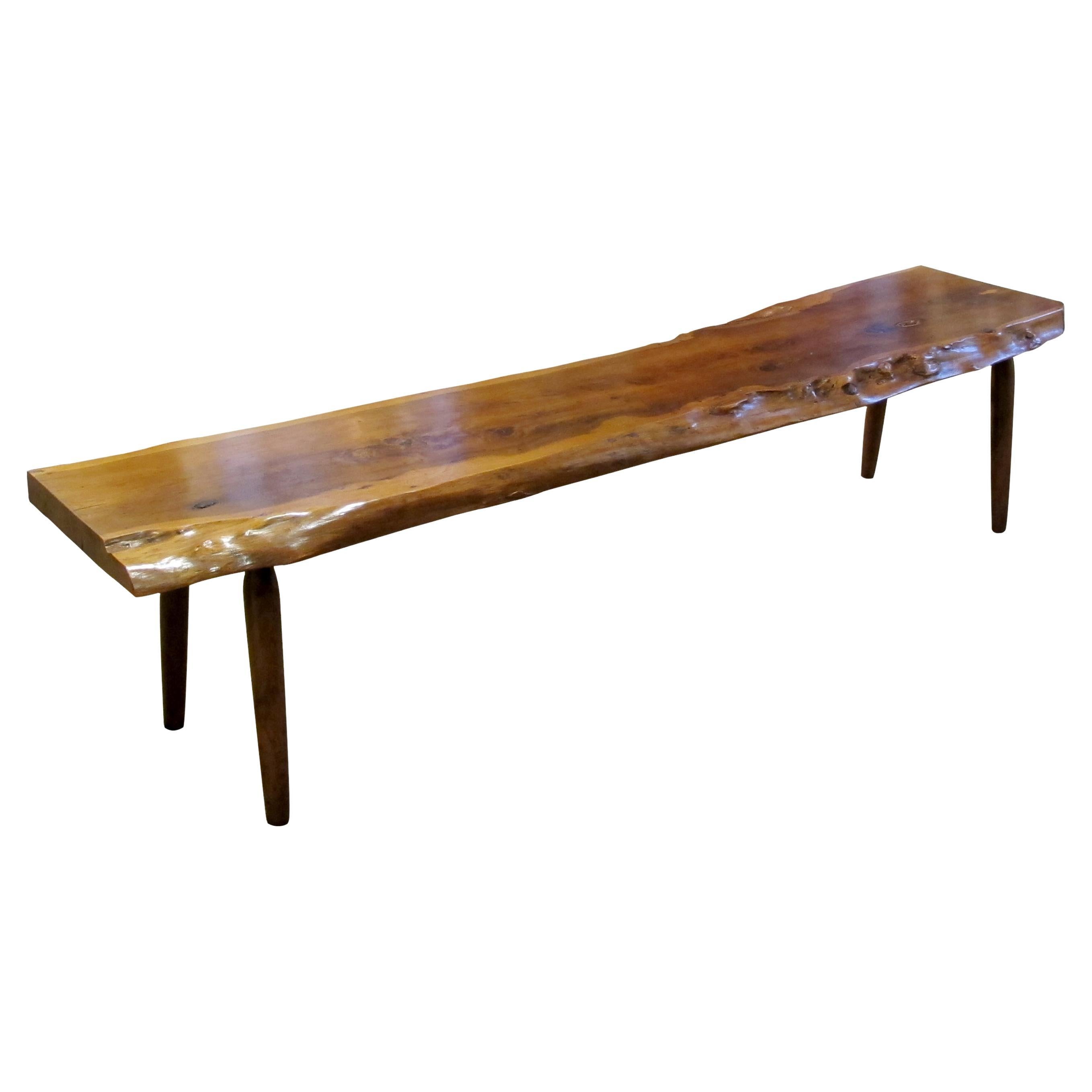 1960s English Live Edge Yew Wood Bench attributed to Reynolds Of Ludlow