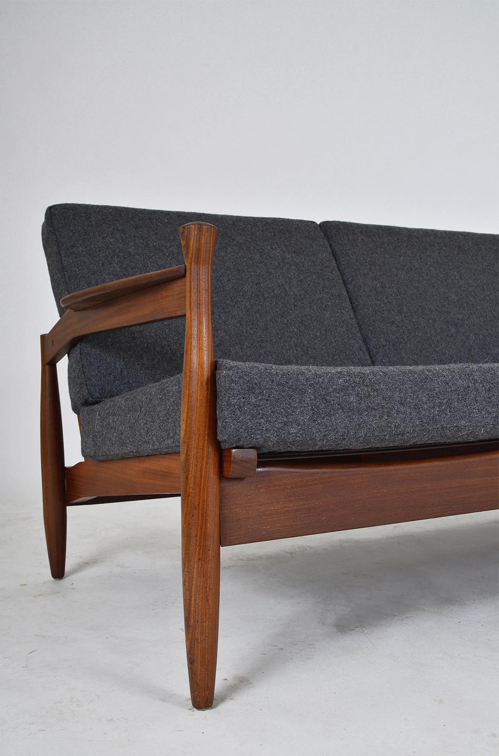 1960s English Mid-Century Modern African Teak Grey Three-Seat Sofa 4